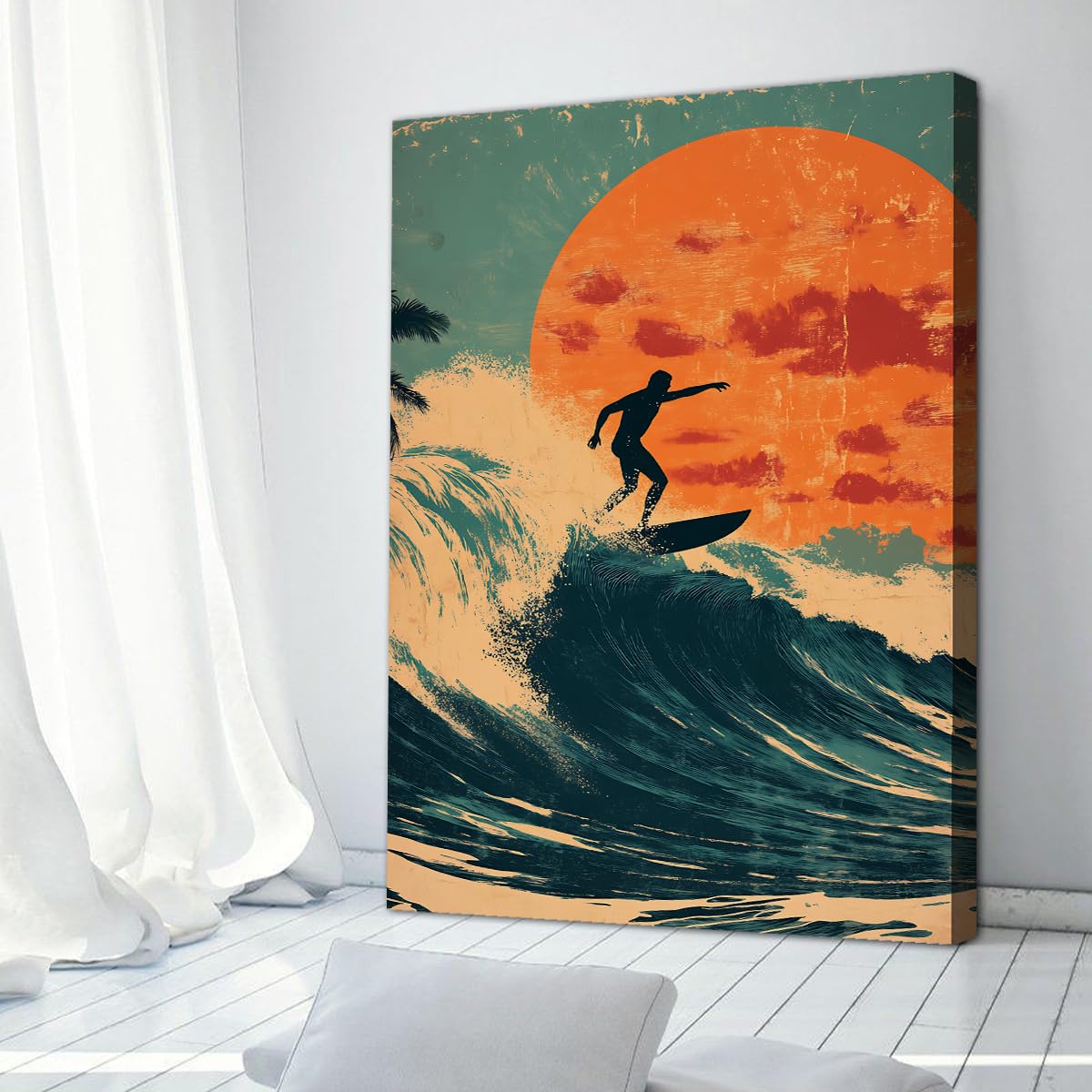 UIRINGART Surfing Sunset Canvas Wall Art Ocean Waves Prints Pictures Beach Coast Pictures Sea Krajobrazy Nostalgiczny Vintage Wystrój biurowy Sztuka 40 x 60 cm