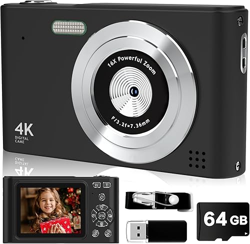 Cámara digital, BEARBISU Cámara de 44MP Full HD 1080P de apuntar y disparar con tarjeta de 64GB, cámara de vlog compacta con zoom 16X anti-shake,