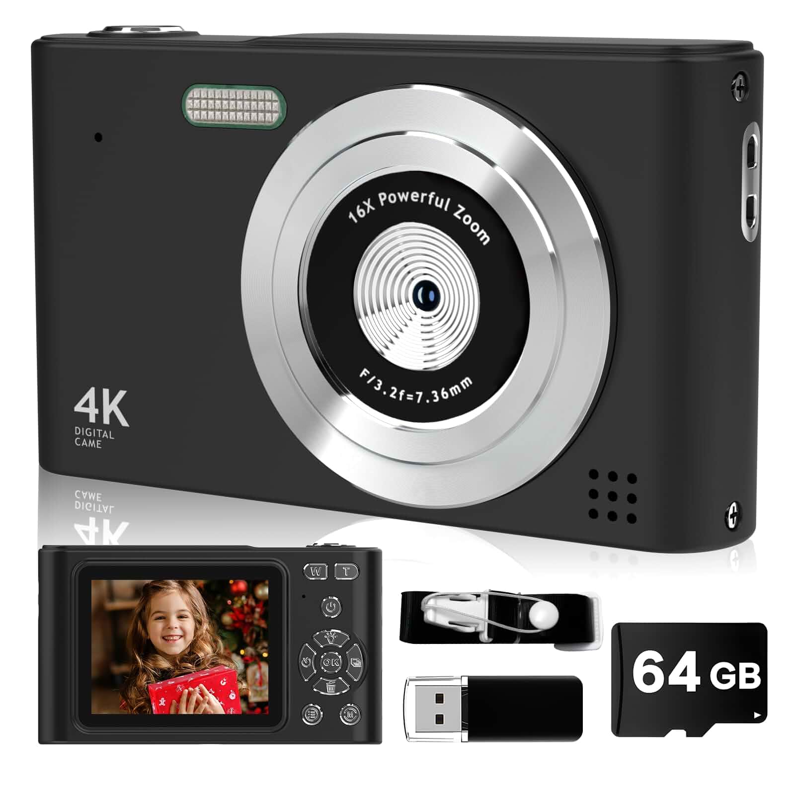 Digital Camera, 44MP Full HD 1080P Point and Shoot Camera with 64GB Card, Anti Shake 16X Zoom Compact Volg Cameras, Portable Small Camara Gift for Kids, Ages Teen Girl Boy - Black Compact