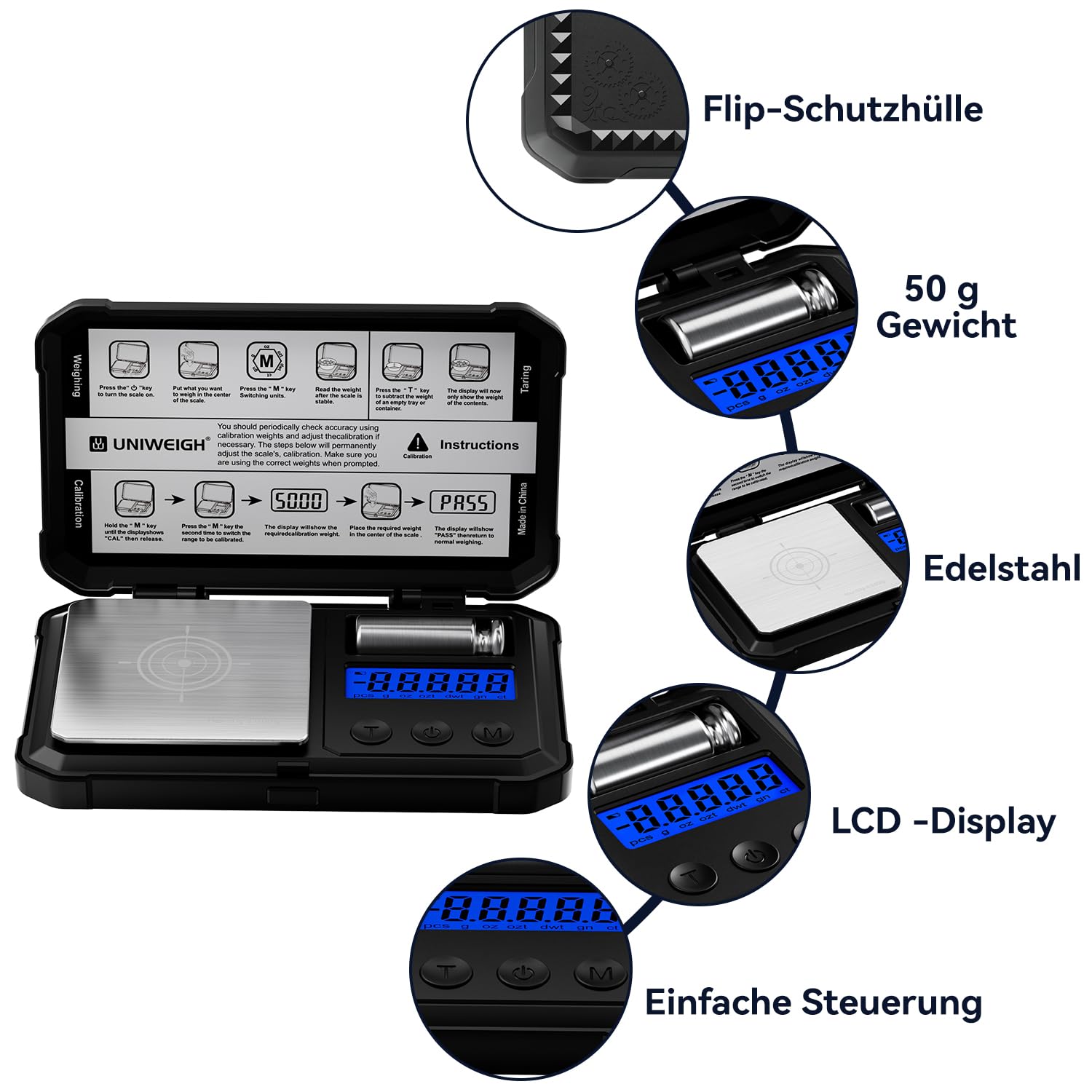 UNIWEIGH Milligramm-Waage 50g/0.001g Hochpräzise, Digitale Schmuckwaage Mit LCD/Tara, 6 Einheiten, Mikro-Gramm für Pulver, Medizin, Münze, Gold, Reloading - Inkl. Cal Weight, Batterien