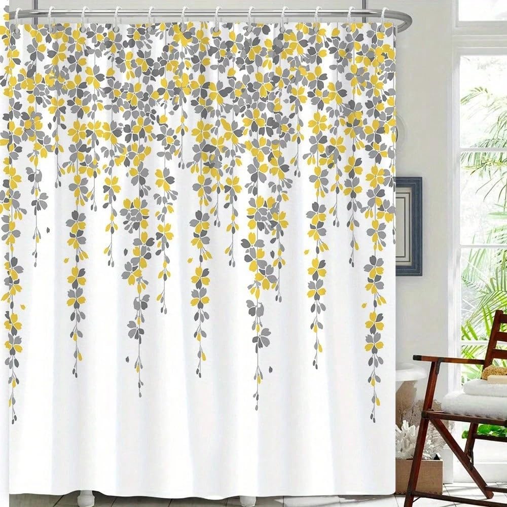 GLKSDLPO Dreamy Floral Shower Curtain, Gray And Yellow Gradient Digital Print, Simple Aesthetics, Floral Bathroom Accessories(80x180cm/31x71in(WxH)