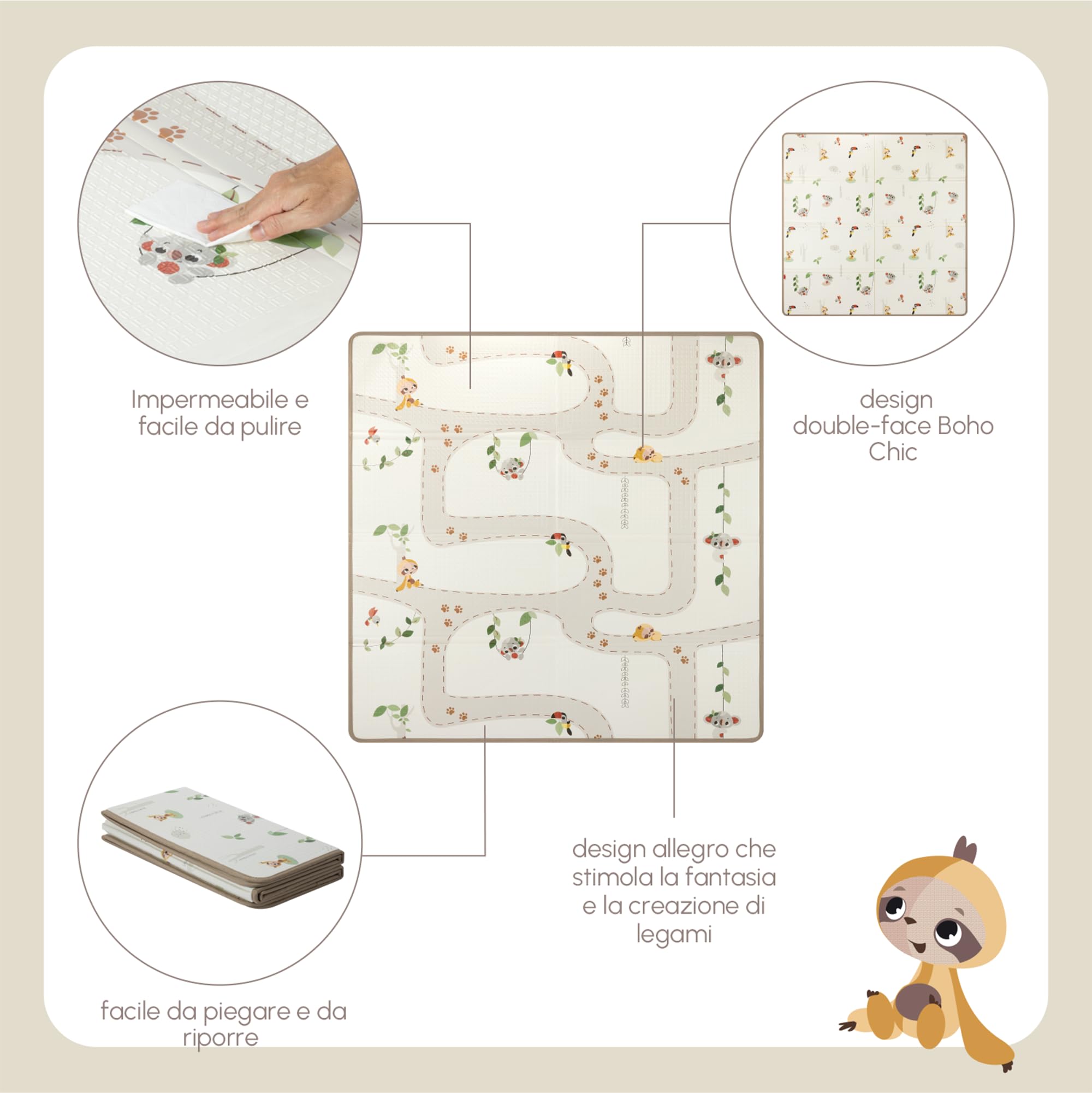 Tiny Love Tappeto Pieghevole Gioco Bambini XL in Schiuma, Tappetino Neonato, 0+ Mesi, Double-face, Leggero e Pieghevole, 150 x 150cm, Morbido e Spesso (1 cm), Impermeabile, Facile da Pulire, Boho Chic
