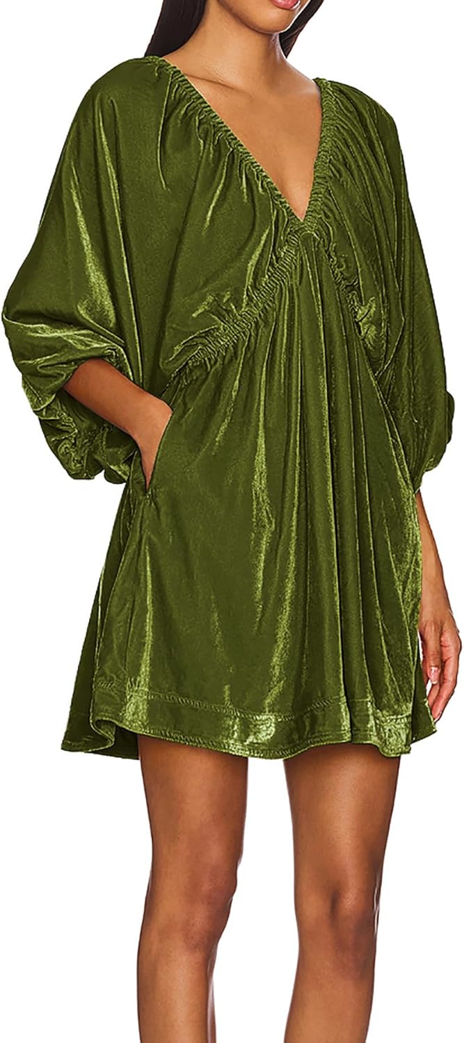 R.Vivimos Womens Fall Velvet Tunic Dress 2026 Trendy Sexy Deep V Neck 3/4 Sleeve Elastic Waist Loose Mini Dress with Pockets - Image 2