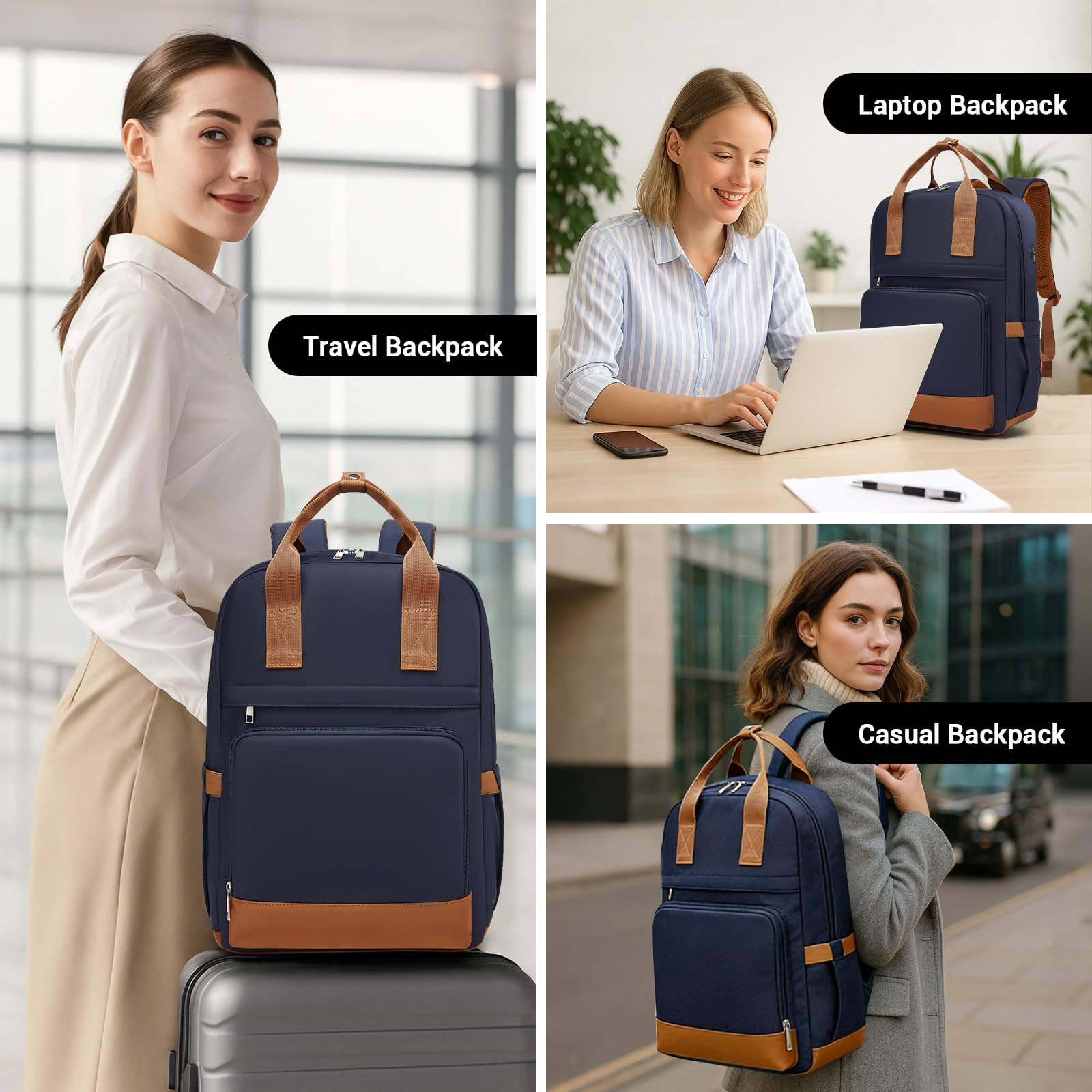 Kono Mochila para Ordenador Portátil 15,6 Pulgadas para Mujer, Elegante, Impermeable y Antirrobo de Gran Capacidad para Escuela, Universidad, Trabajo y Viaje (Azul oscuro/Marrón)
