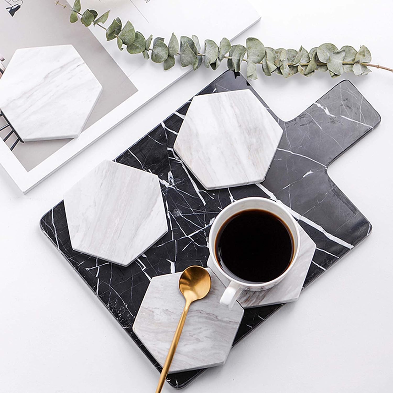 SEUNMUK 32 Pack 4.3 Inch White Ceramic Tiles for Crafts Coasters, Hexagon Unglazed Ceramic Tiles with 32 Cork Backings and 4 Holder, Blank Coasters for Painting, Acrylic Pouring, DIY