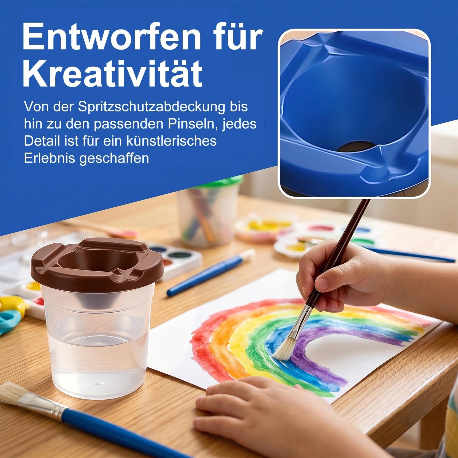 Juego de 5 vasos de pintura con tapa, cinco vasos de pintura a prueba de fugas con tapa y juego de 5 pinceles a prueba de fugas, ideal para acuarela y manualidades