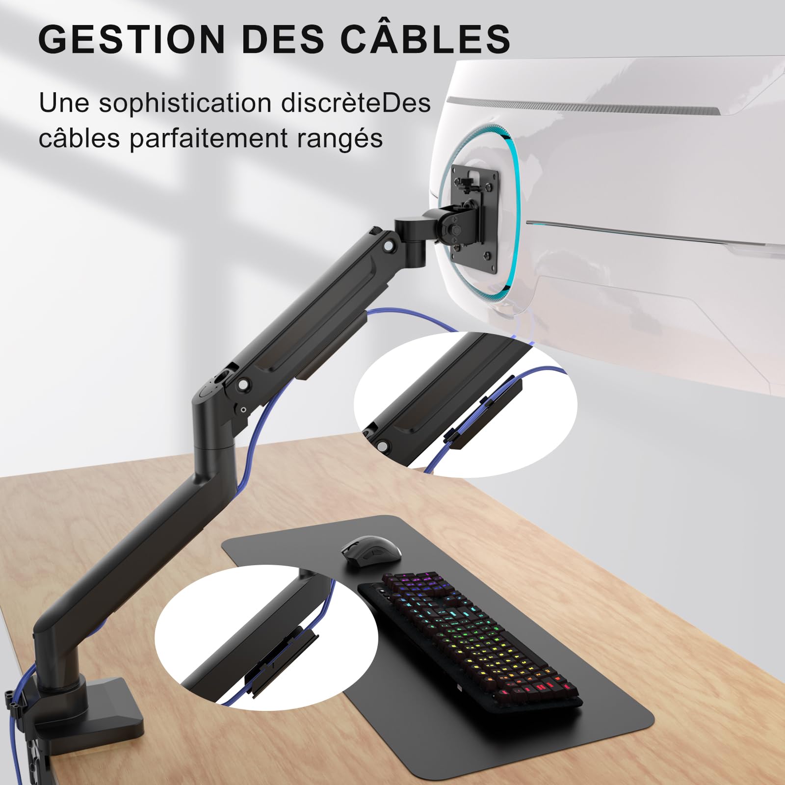 WALI Bras pour écran Ultra Large jusqu'à 49" et 20 kg, Support de Moniteur Robuste, entièrement réglable, VESA 75 et 100 mm (GSM001XL), Noir