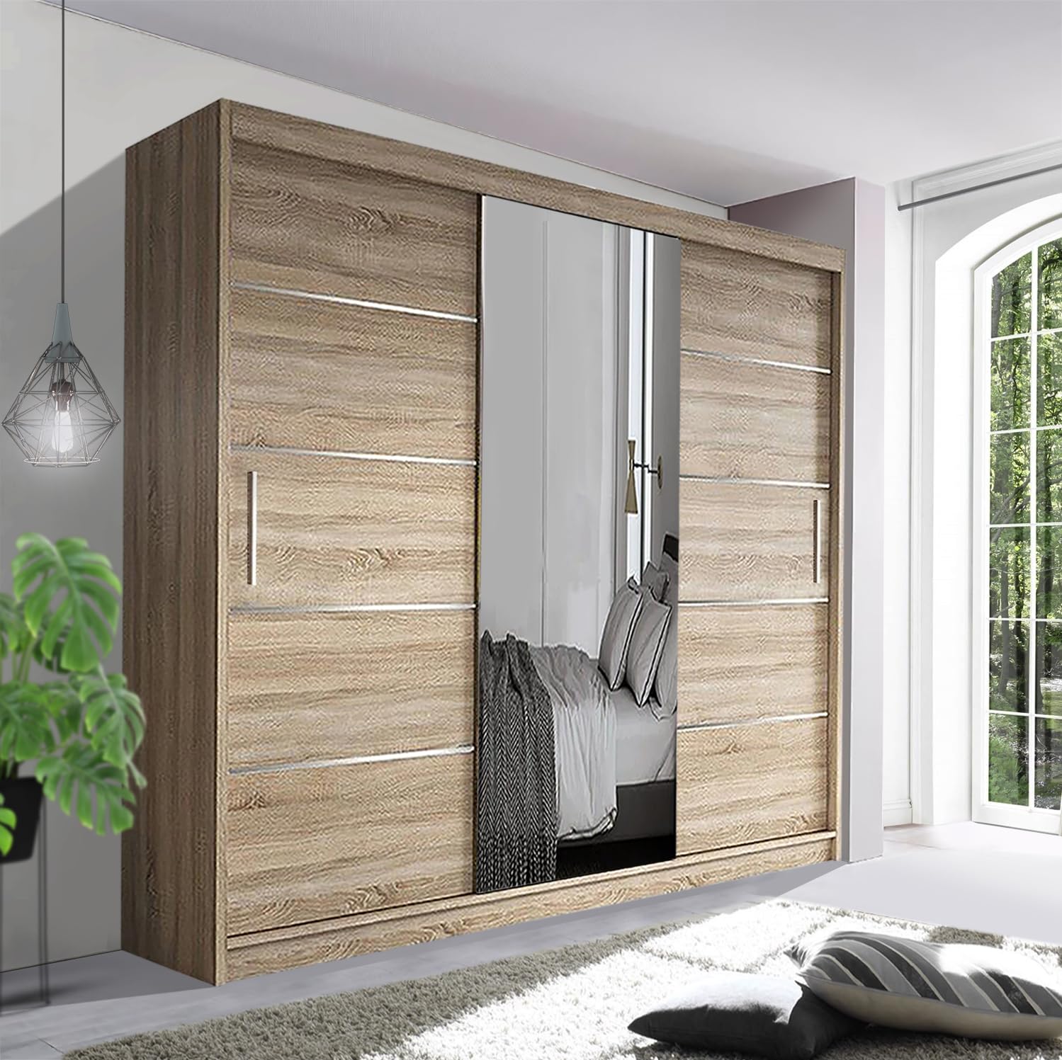 German Sliding Wardrobe Spacious Bedroom Sliding Wardrobe - Sleek and Functional Design comes in White/Grey/Black/Oak and Width 120cm/150cm/180cm/203cm/250cm (Oak, 250cm)