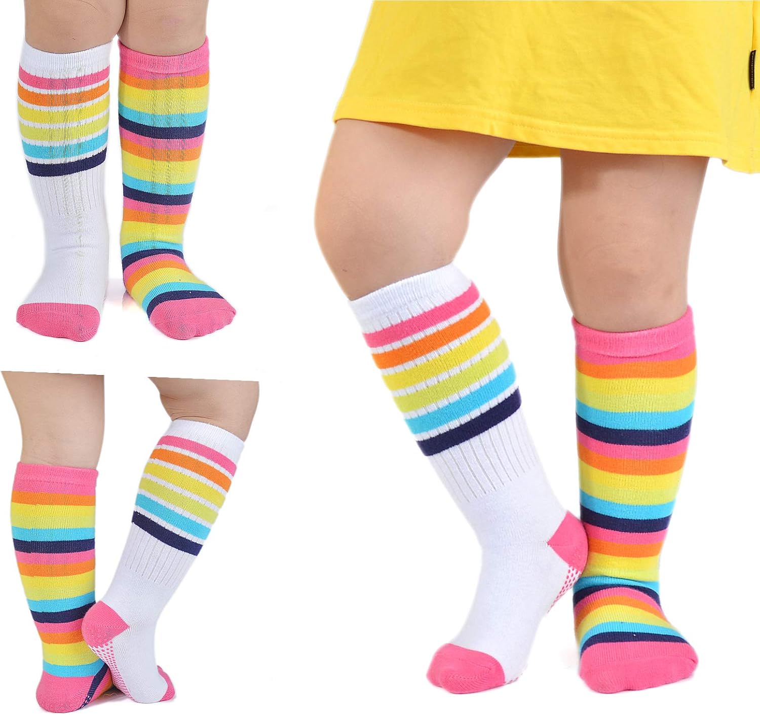 EPEIUS Baby Girl Rainbow Striped Knee High Socks Non-Slip Uniform Tube Stockings Soccer Socks for Toddler and Child