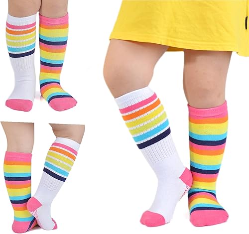 Miniatura 6 de EPEIUS Calcetines altos hasta la rodilla con rayas de arco iris para bebé, calcetines de tubo antideslizantes para uniforme de fútbol para niños