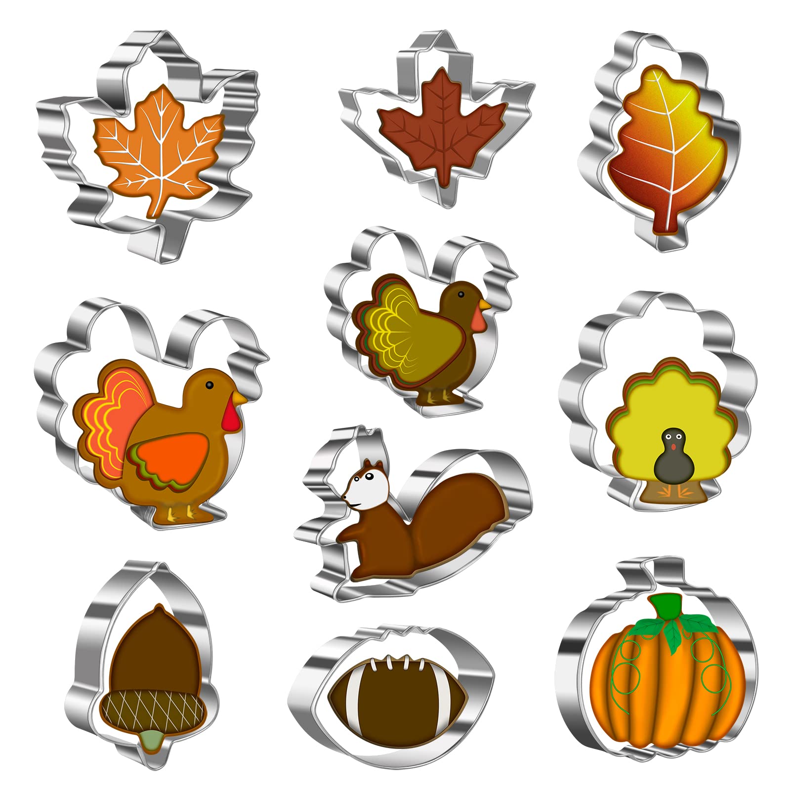 10Pcs Thanksgiving Cookie Cutter Set - Pumpkin, Turkey, Football, Maple Leaf, Oak Leaf, Squirrel, Acorn - Thanksgiving Cookie Cutters Holiday Fall Cookie Cutters for Thanksgiving Party (Gift Package)