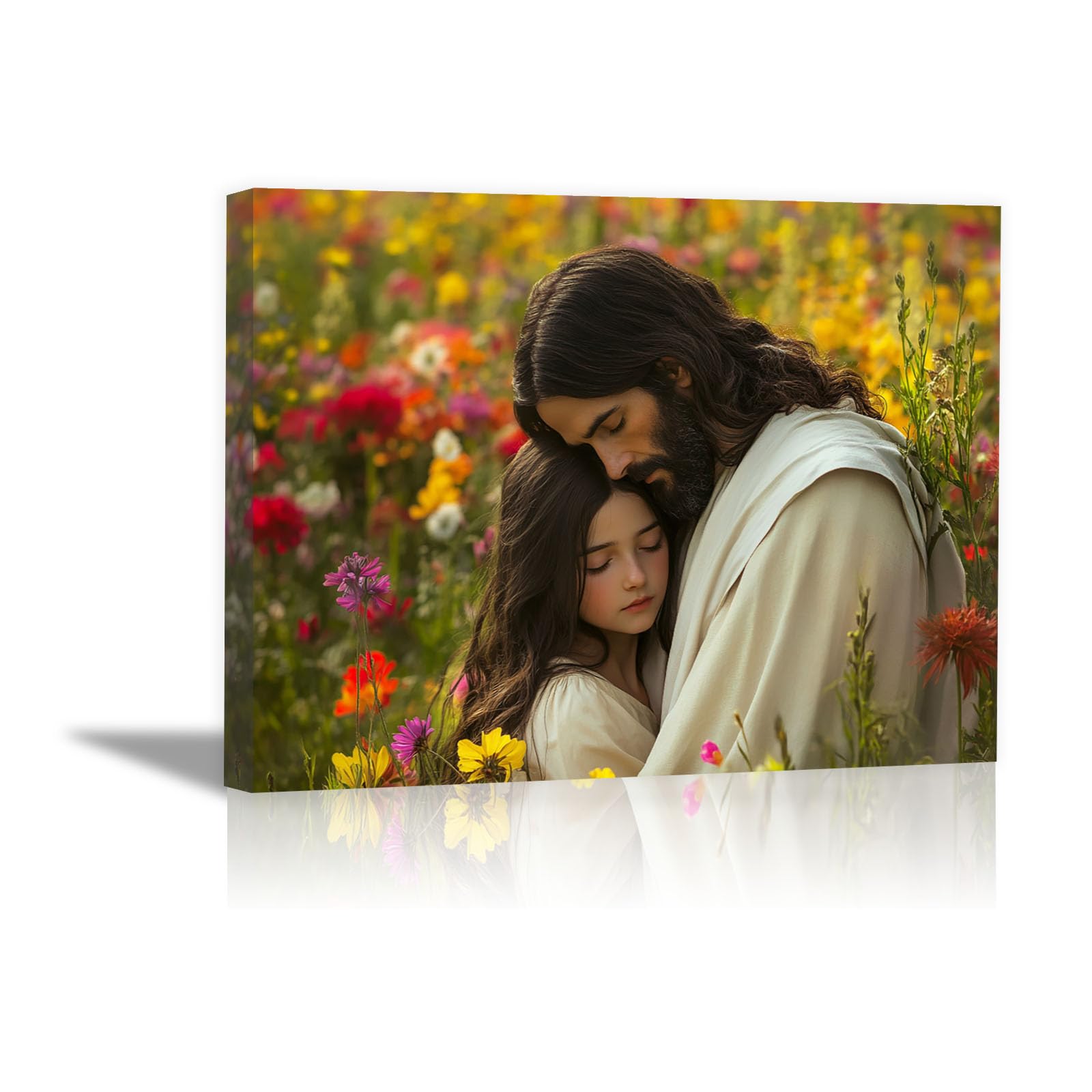 DMZPKZB Chrystus malarstwo ścienne Religii, dziewczyny i pola kwiatów Chrystus malarstwo religii dekoracje ścienne - 50 x 70 cm oprawione (biały)