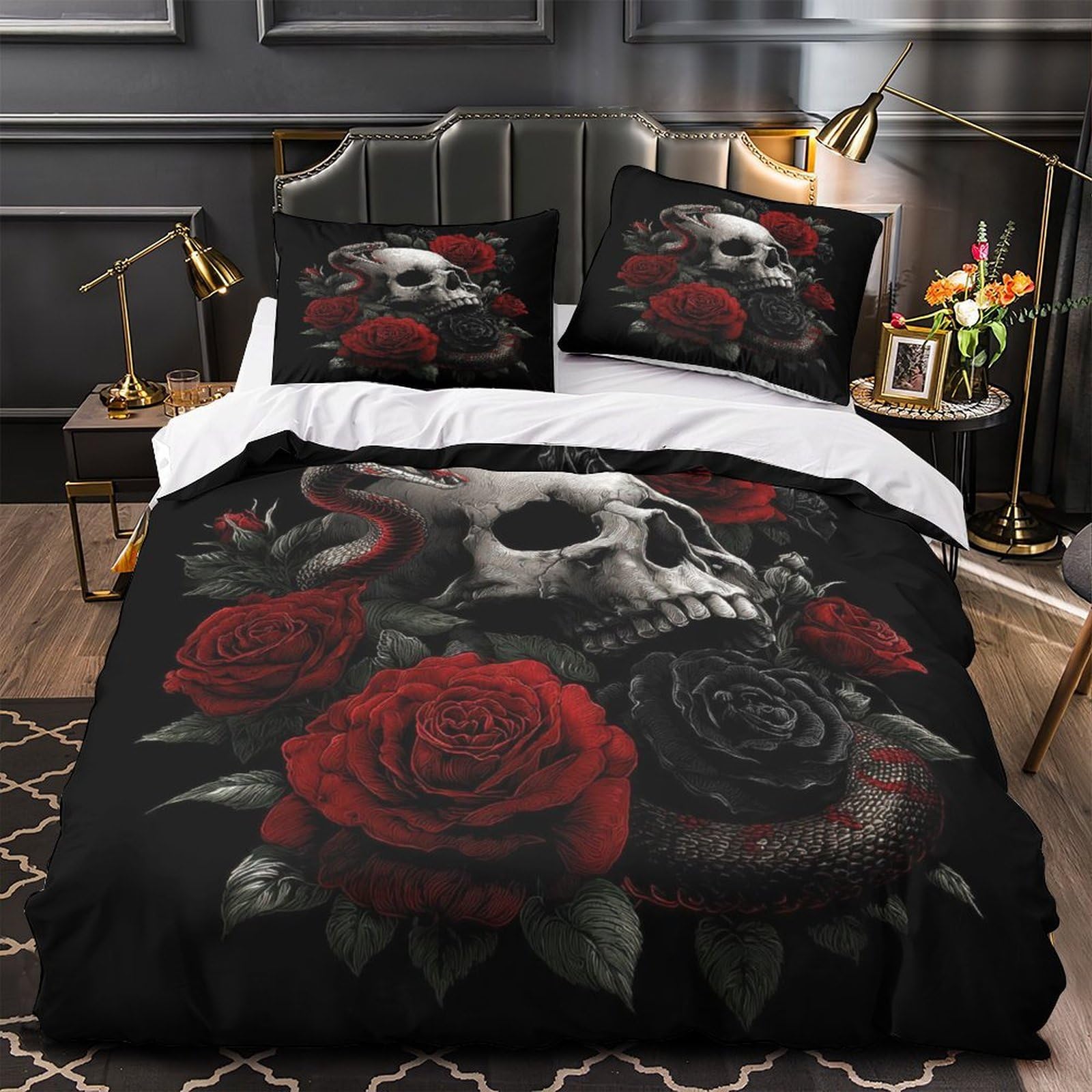 Housse de Couette Crâne avec Serpent Anti-Allergie Lit 1 Personne 140x200