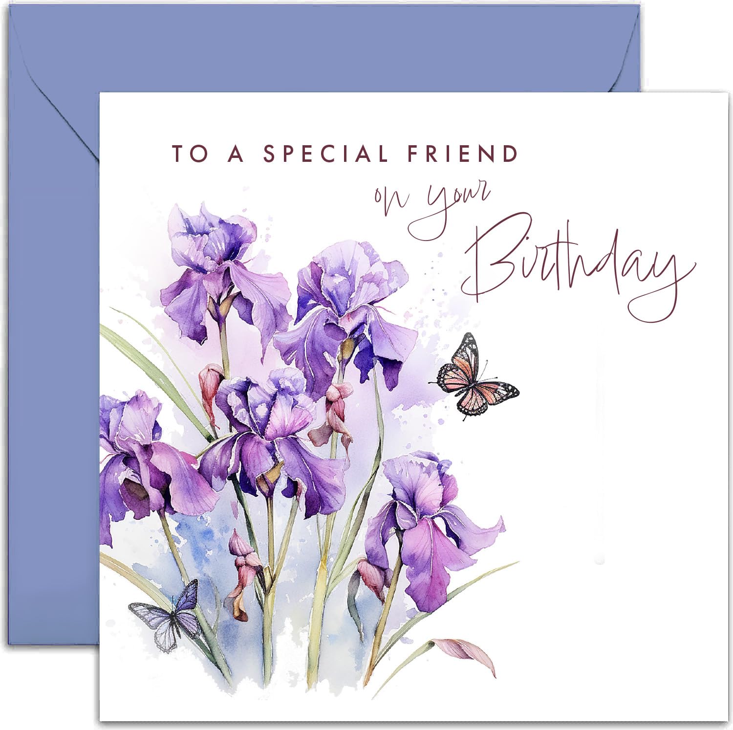 Old English Co. Birthday Card for Female Friend - Iris Flowers and Butterfly Special Friend Birthday Card for Her - Birthday Card for Women - Card for Best Friend| Blank Inside with Envelope