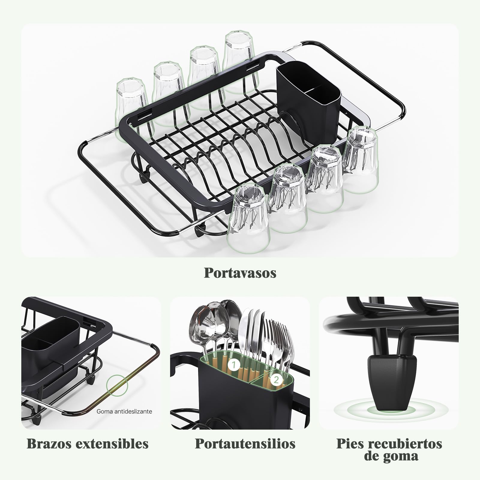 kingrack Égouttoir à Vaisselle Extensible, avec Porte-Couverts Amovible, Se Place sur L'évier ou Le Comptoir, Noir