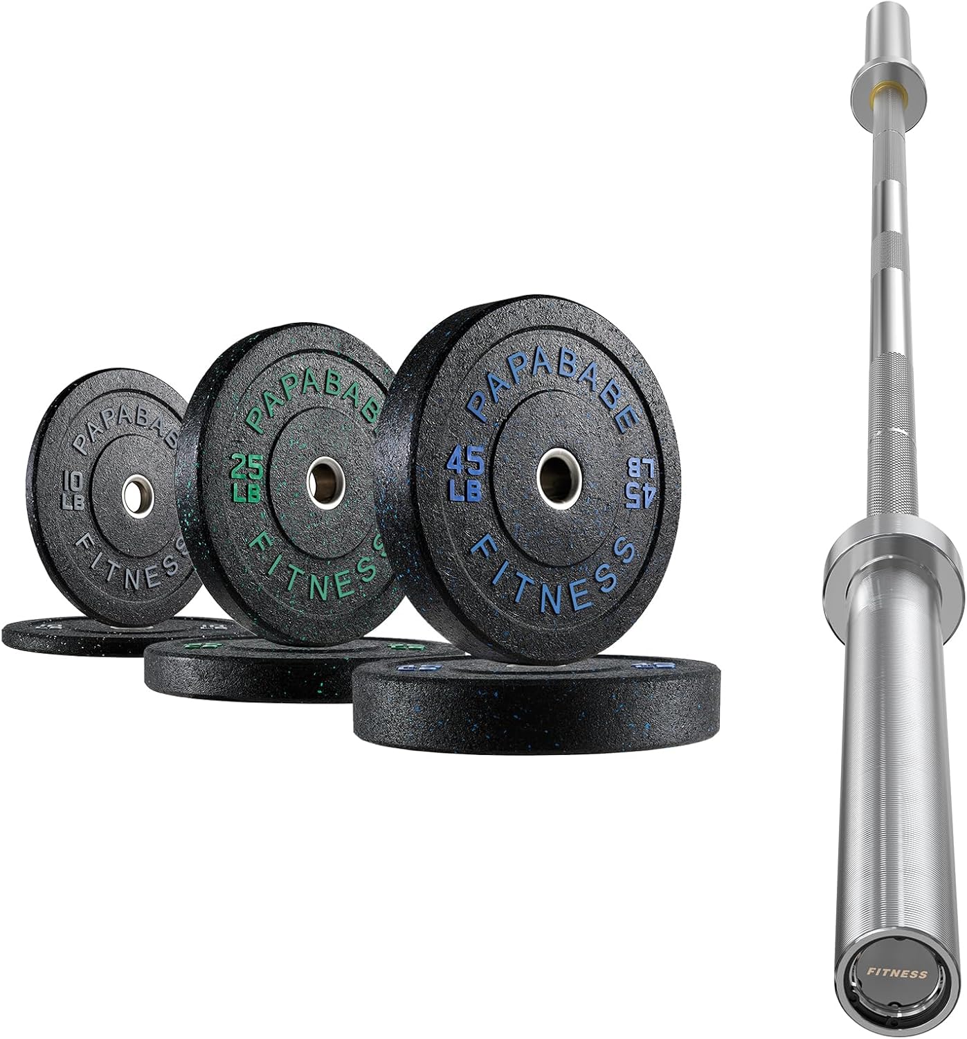 incomplete PAPABABE 7-Foot Olympic Barbell 1000LB Weight Capacity with High Bounce Bumper Plates Set, 2 Inch Weightlifting Barbell, Weights Lifting Power Lifting 7FT Silver Barbell 160LB Bumper Plates Set