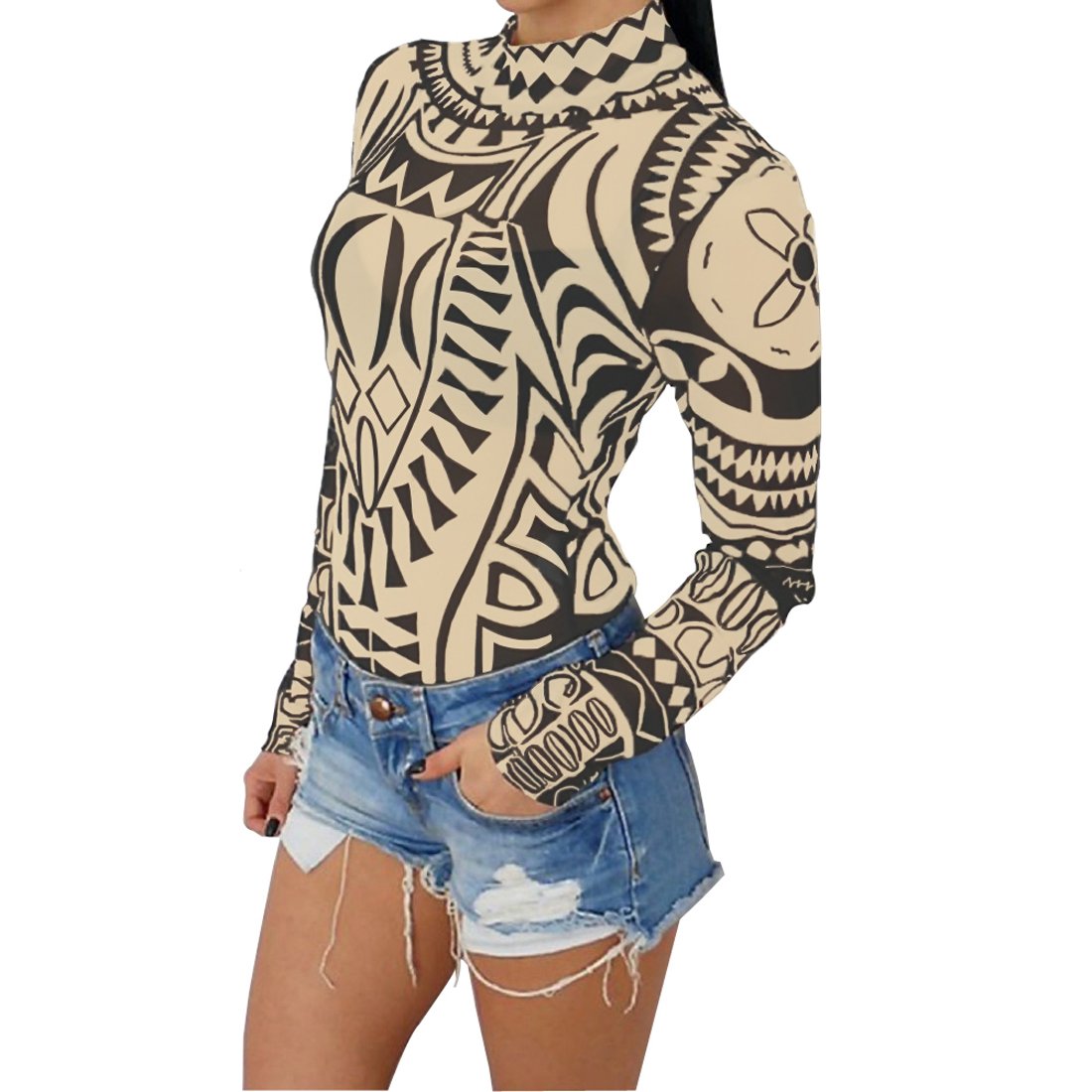 Women Sexy Tattoo Printed Long Sleeve Jumpsuits Rompers