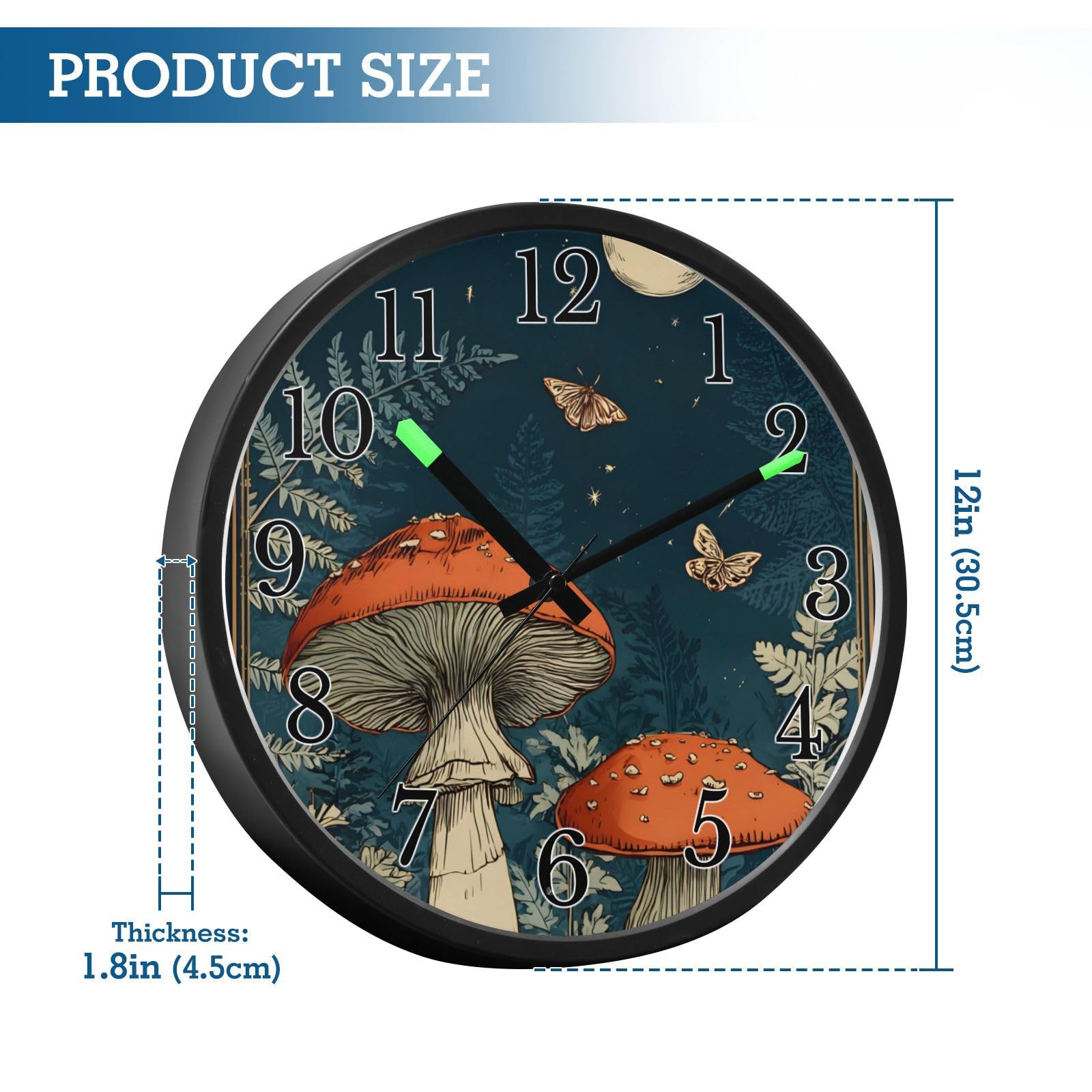 Mnsruu Reloj de pared luminoso con diseño de hongo y luna, funciona con pilas, silencioso, brilla en la oscuridad, para sala de estar, cocina, 30,5 cm
