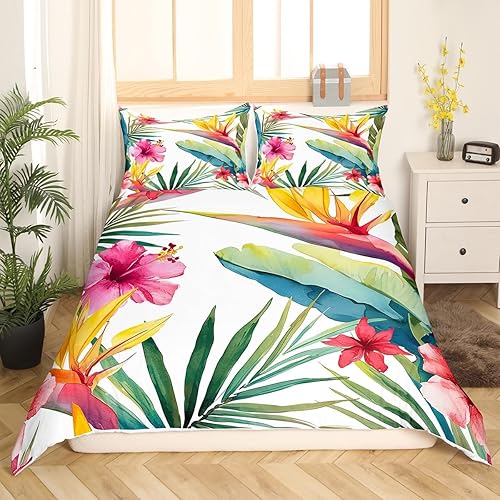 Miniatura 2 de Juego de funda de edredón con diseño de plantas de árbol tropical, tamaño King con cierre de cremallera, funda de edredón con estampado de flores de