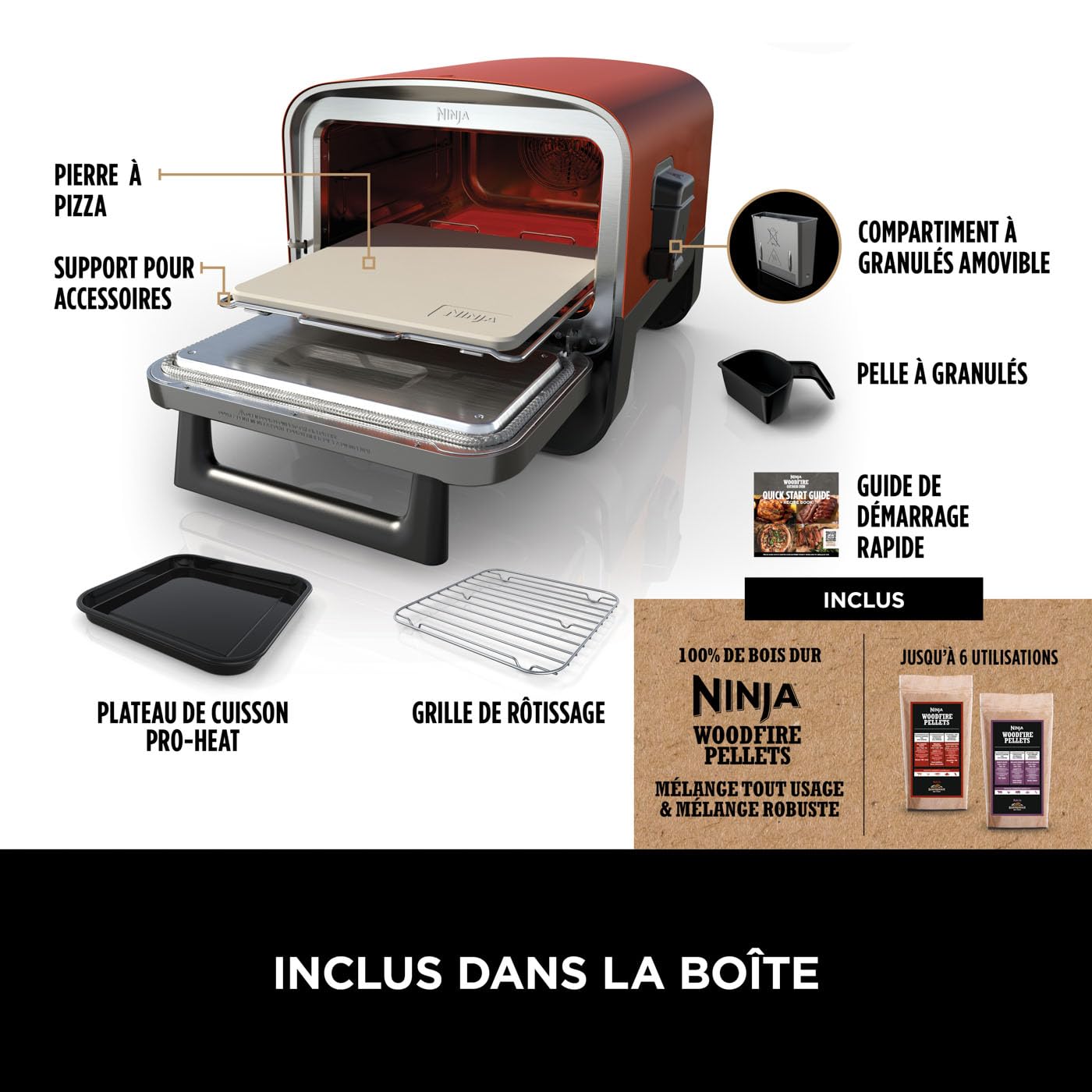 Ninja Woodfire Four à pizza extérieur électrique 8-en-1, rotissoire & fumoir barbecue avec grille, plaque pro-heat, pierre à pizza, granulés de bois et pelle, 6 réglages, orange foncé OO101EU