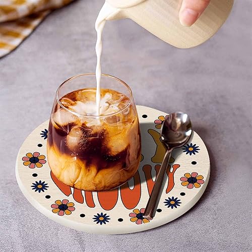 Miniatura 3 de Stay Groovy - Juego de 2 posavasos para bebidas, mesa de centro de oficina, de los años setenta, diseño retro de flores hippie en círculo,