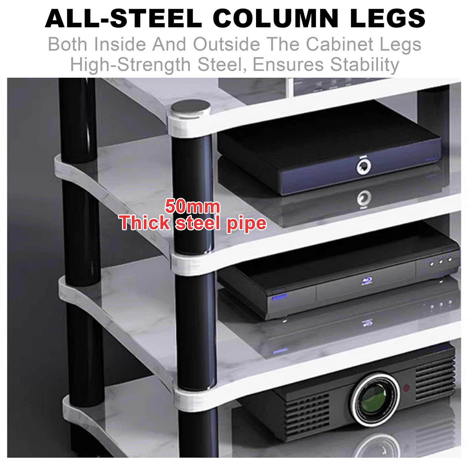 Robusto ripiano da gioco e rack audio, supporto multimediale per proiettore DVD e console di gioco, sotto la TV, per soggiorno, sala giochi e studio musicale, strisce nere