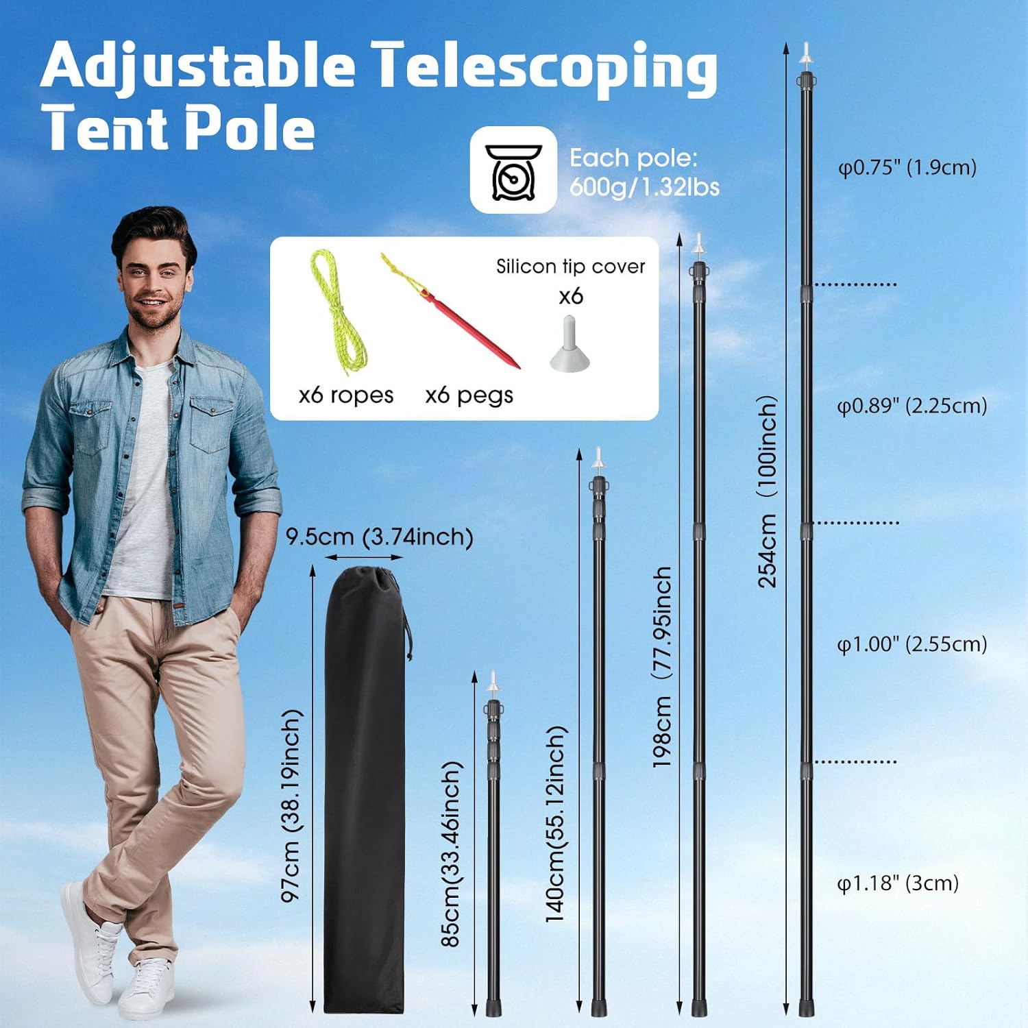 MorningRo 6 Pcs Adjustable Tarp Poles 8.2ft Telescoping Heavy Duty Aluminum Tent Poles Replacement Lightweight Portable Canopy for Tarp Outdoor Camping Hiking Backpacking Awning