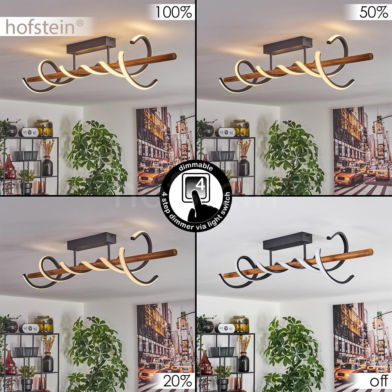 HOFSTEIN LED Deckenleuchte Alvarim, dimmbare Deckenlampe aus Metall/Holz/Kunststoff in Schwarz/Natur/Weiß, moderne Leuchte mit Holzstab, dimmbar über Lichtschalter, 38 Watt, 5200 Lumen, 3000 Kelvin