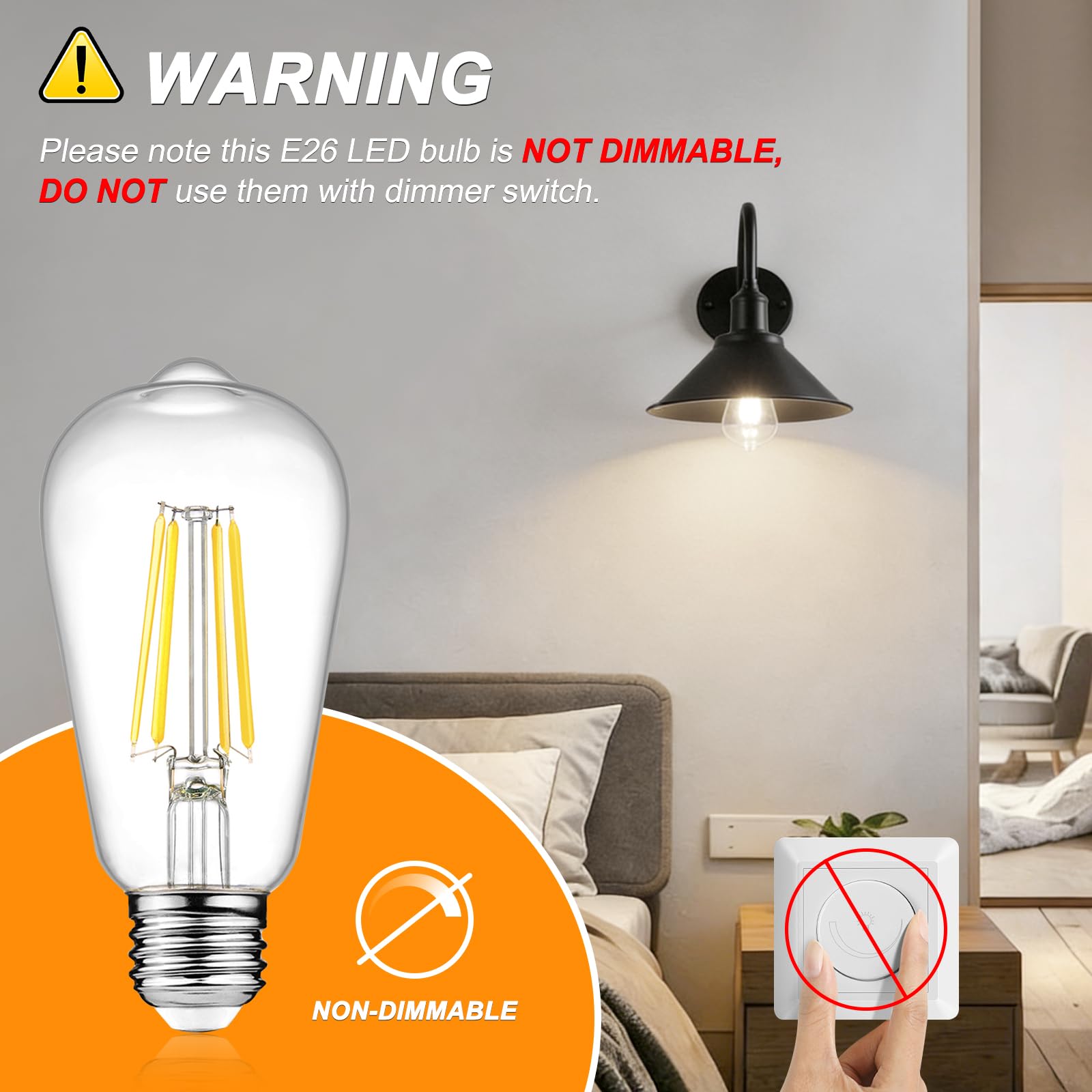 Ascher Bombillas LED Edison vintage, 6 W, equivalente a 60 W, luz blanca diurna de alto brillo 4000 K, bombillas de filamento LED ST58 con CRI 80+, base mediana E26, no regulable, vidrio transparente,