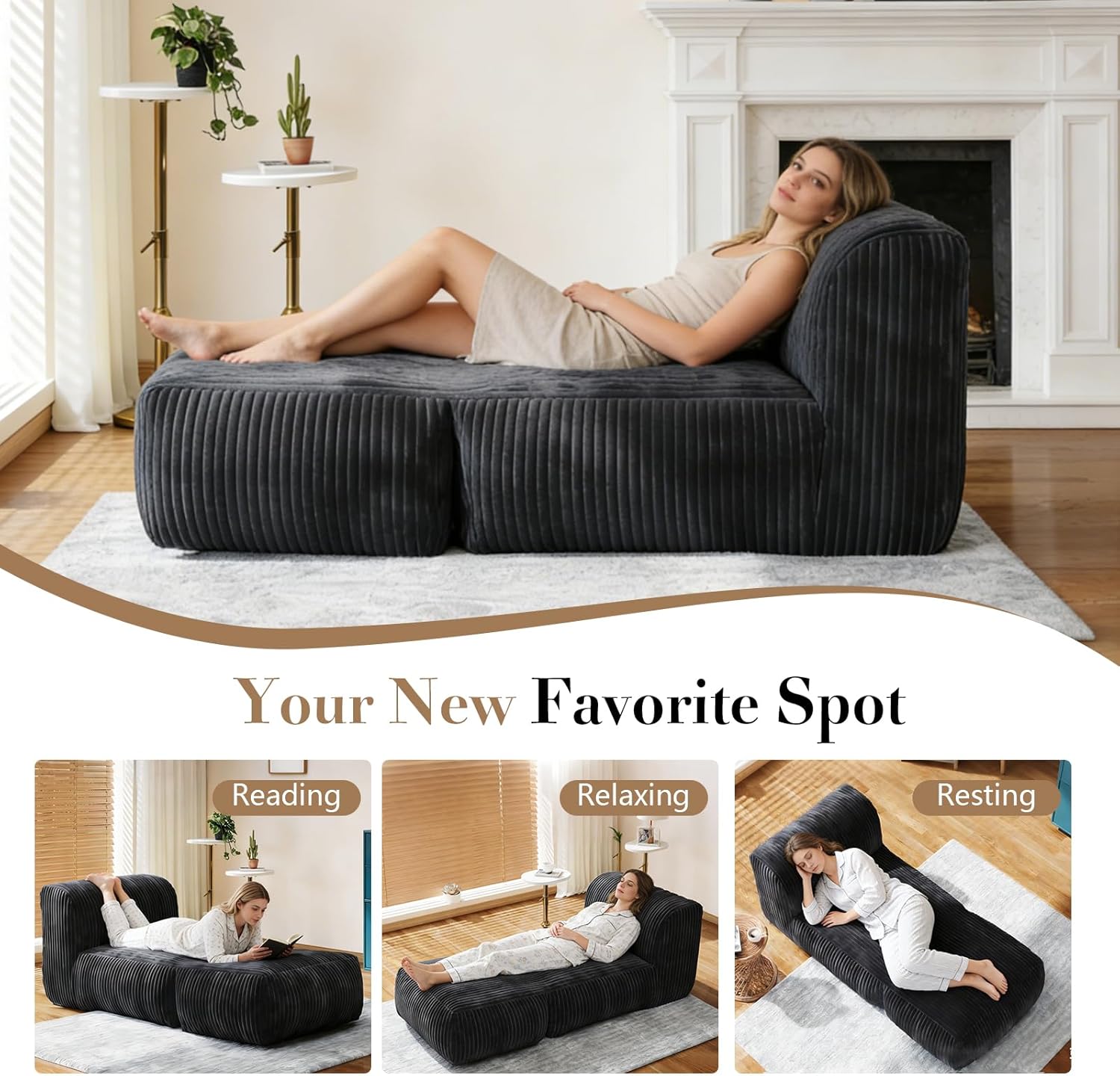 Bean Bag Chair - Big Bean Bag Chaise Lounge Chairs Indoor for Adults and Teens, Corduroy Bean Bag Sofa with Memory Foam Filled for Living Rooms, Bedroom, Dorm