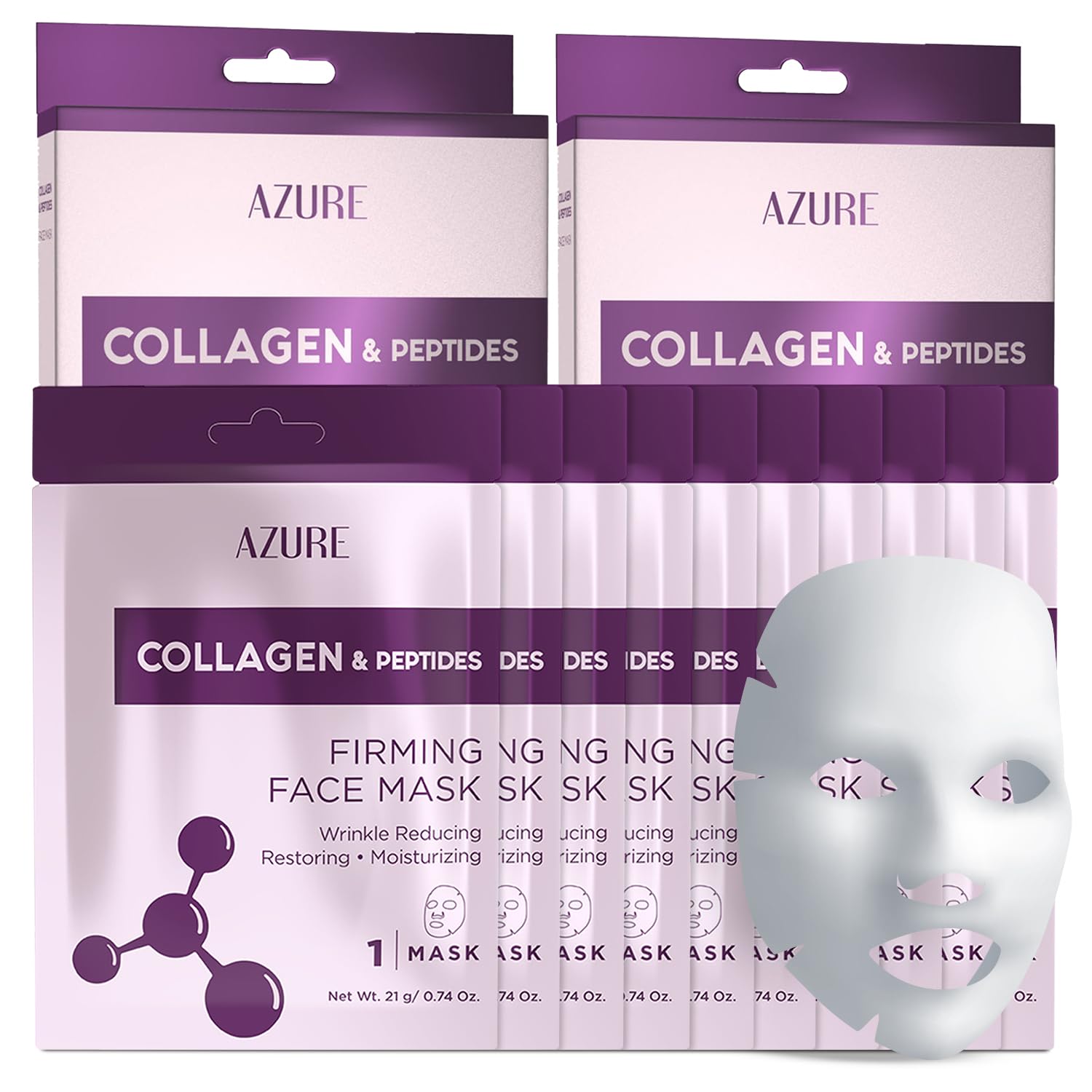 Azure Cosmetics Collagen & Peptides Lifting Facial Sheet - Restoring, Smoothing & Moisturizing Face Mask - Helps Reduce Fine Lines & Wrinkles, Smooths & Repairs - Skin Care Made in Korea - Pack of 5
