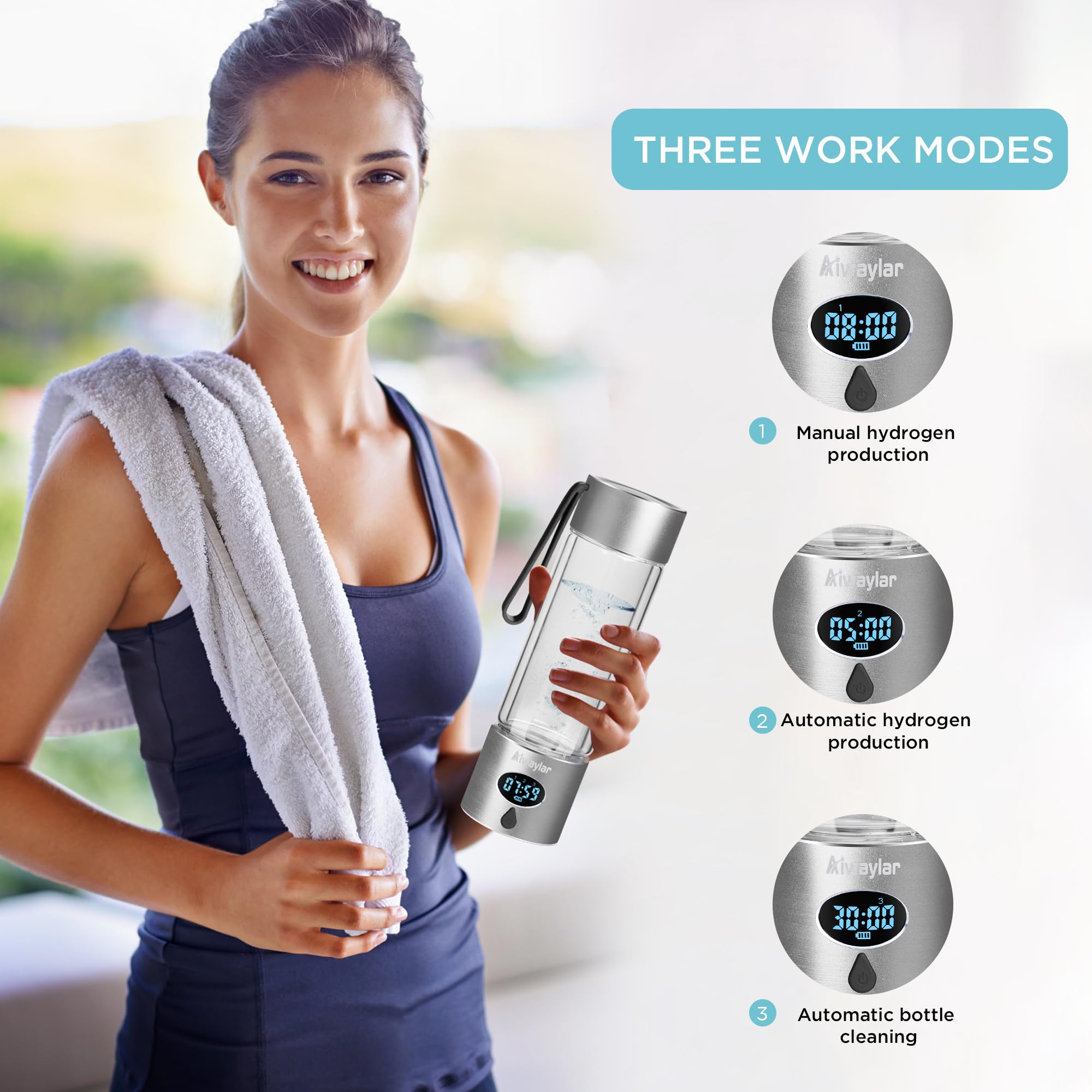 Aiwaylar Borraccia idrogeno, portatile, ricaricabile, timer LED, 3 modalità di lavoro, alluminio e vetro, 360 ml, ionizzatore d'acqua con tecnologia PEM/SPE, adatta per ufficio, casa, palestra