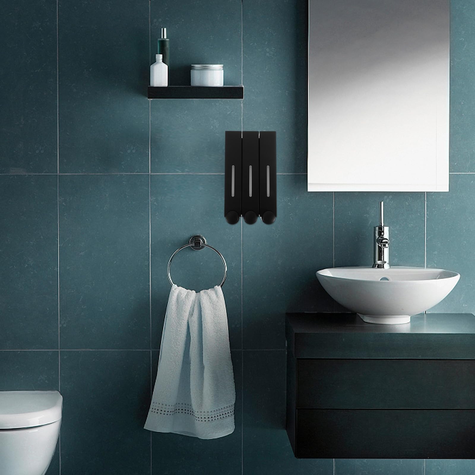 Dispensador de Jabón de Pared Abs y PVC Dispensador de Gel de Ducha de 3 Cámaras, Manual, Negro Triple Cabezal, para Baño y Suministros de Baño