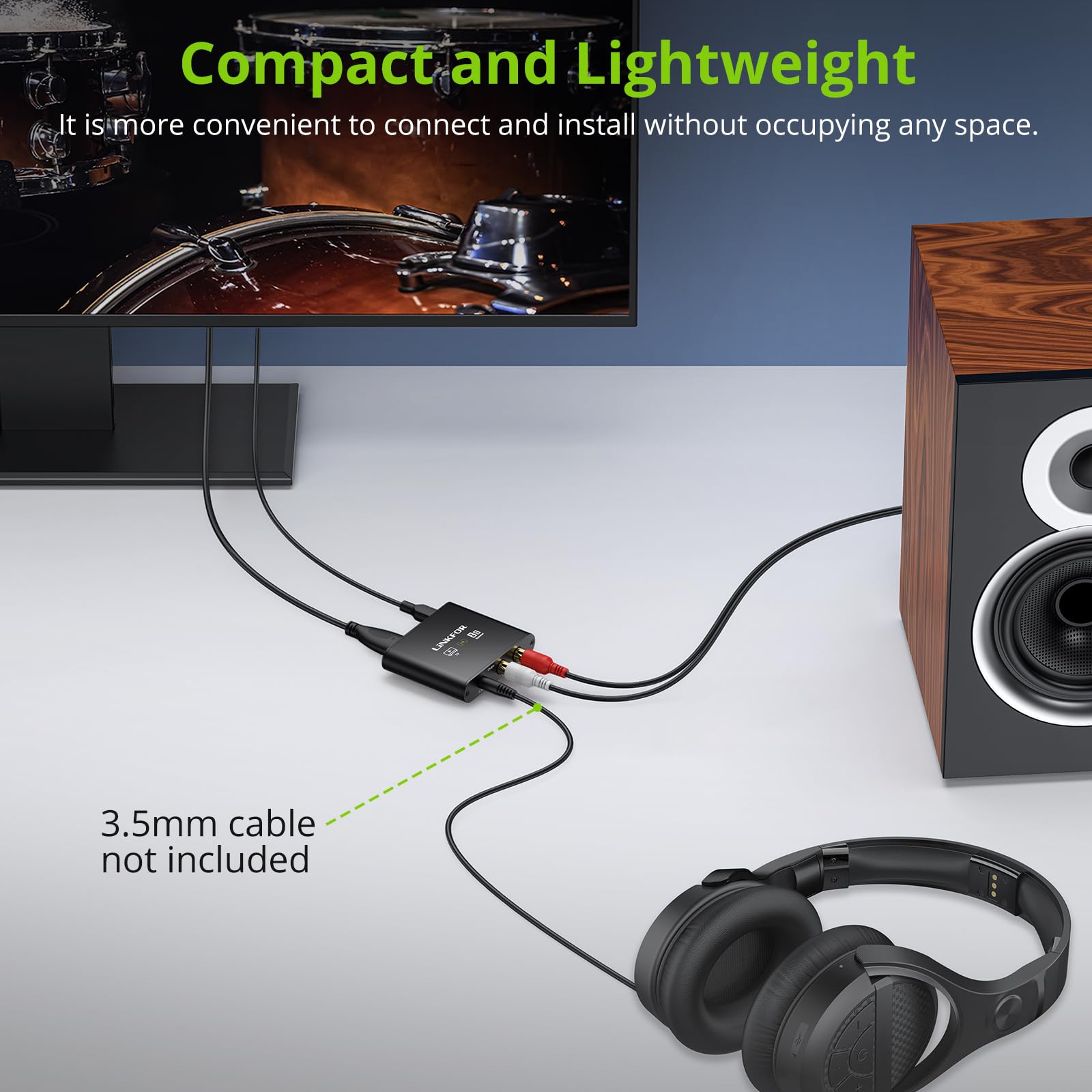 LiNKFOR Ekstraktor Audio HDMI eARC/ARC do RCA i 3,5 mm Podwójne Wyjście Jednoczesne Sterowanie Głośnością Telewizora (CEC) 192kHz/24bit Do Wzmacniaczy Głośników Słuchawek Zasilacz USB