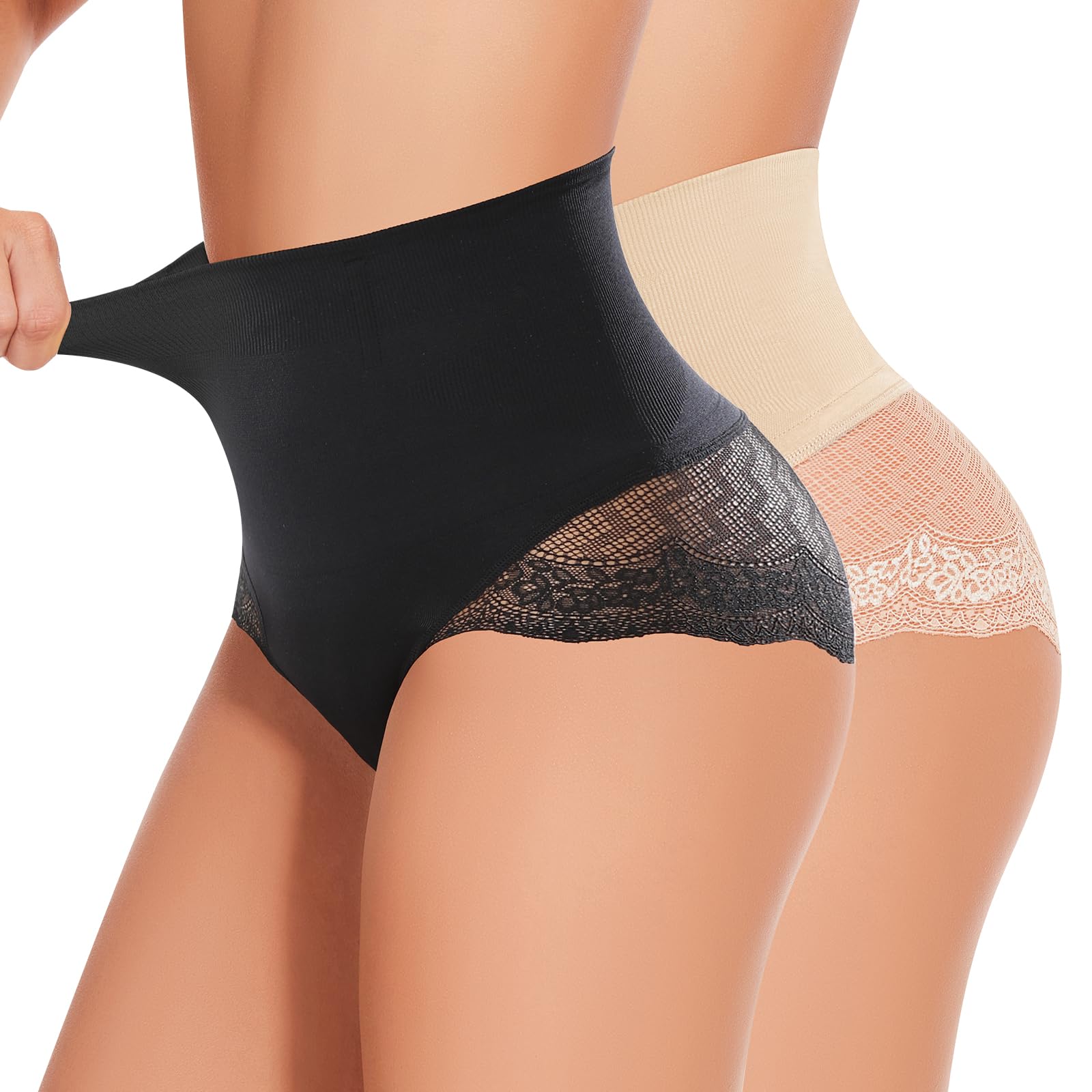 Tummy Control Shapewear Underwear for Women Mid High Waisted Shapewear Panties Seamless Slimming Girdle Shaping Briefs, Black Beige 2p, L