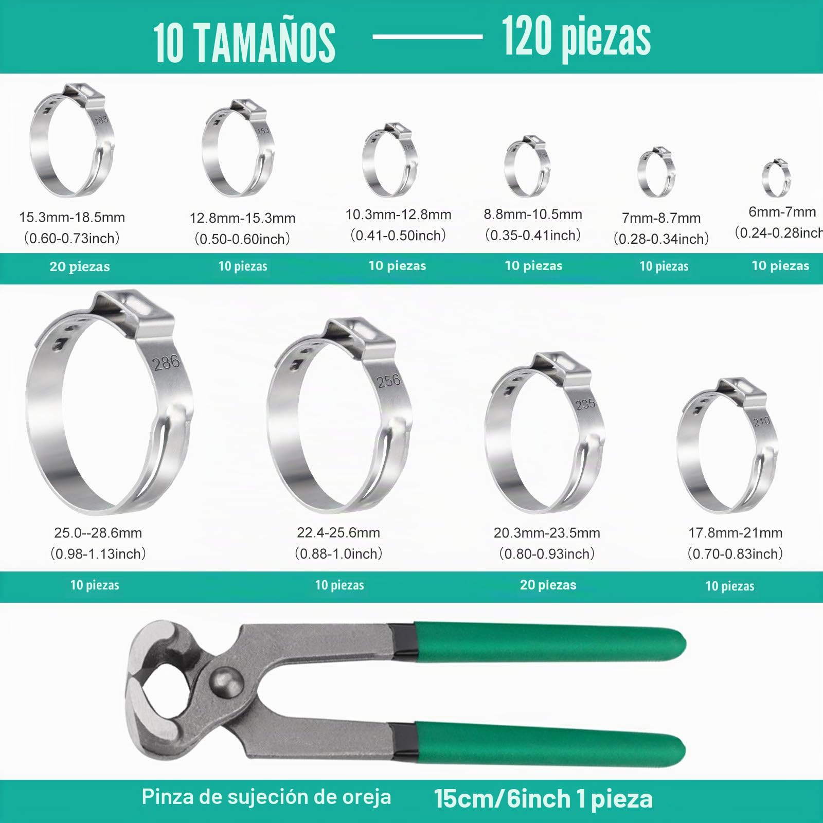 MIAHART 120Pcs Abrazaderas de manguera de oreja simple de acero inoxidable con pinza de sujeción de oreja 10 tamaños 304 Abrazadera de prensado continuo para asegurar mangueras de tubería PEX