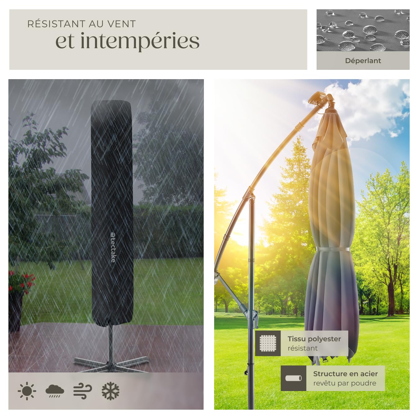 tectake® Parasol de Jardin Exterieur Parasol déporté à manivelle 2,5x2,5m avec éclairage LED solaire, Inclinable, Protection UV 50+ Résistant au vent, Housse de protection incluse, Salon de jardin