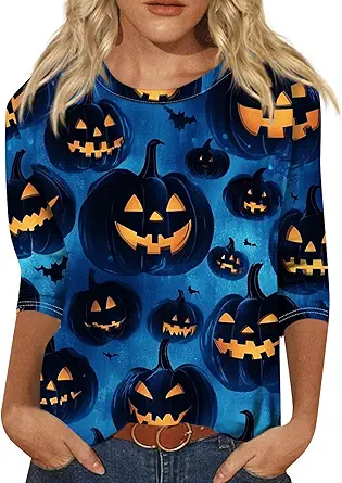 Cute Funny Halloween Shirts for Women Plus Size 3/4 Length Long Sleeve Womens Tops Witch Gothic Renaissance Shirt