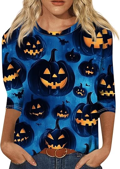 Cute Funny Halloween Shirts for Women Plus Size 3/4 Length Long Sleeve Womens Tops Witch Gothic Renaissance Shirt