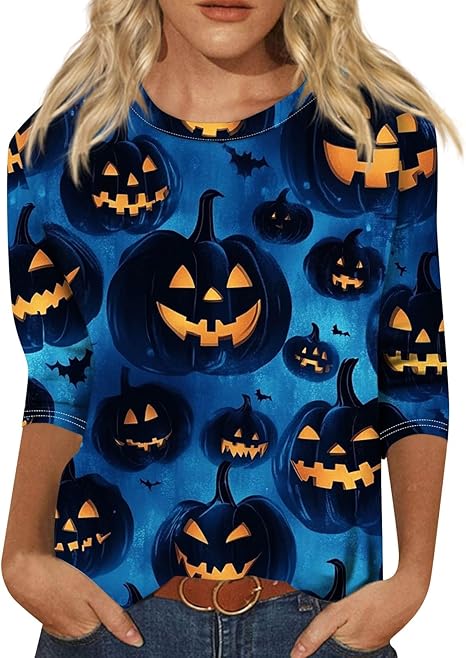 Cute Funny Halloween Shirts for Women Plus Size 3/4 Length Long Sleeve Womens Tops Witch Gothic Renaissance Shirt