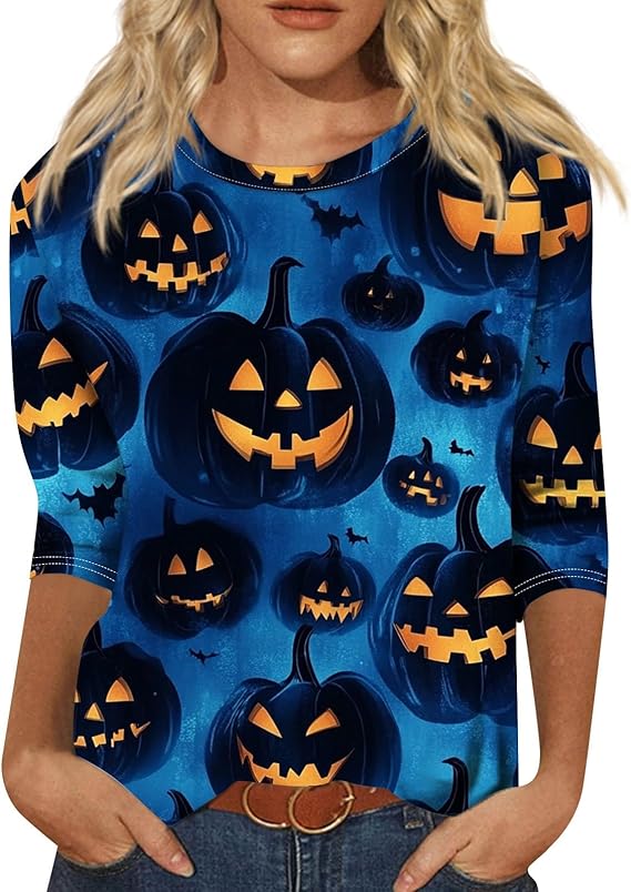 Cute Funny Halloween Shirts for Women Plus Size 3/4 Length Long Sleeve Womens Tops Witch Gothic Renaissance Shirt