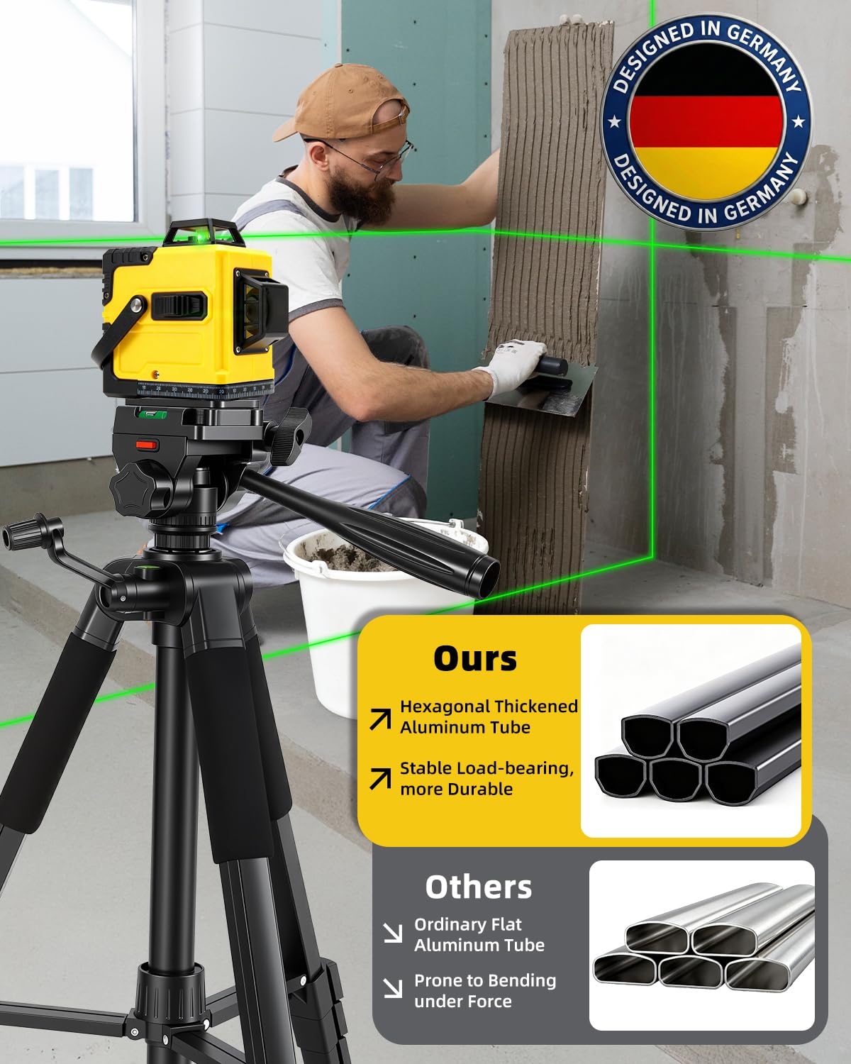 Trípode de aluminio resistente de 60 pulgadas, trípode de nivel láser de 0.8 mm de grosor con cabeza panorámica de 360° y patas hexagonales para nivelación láser, con rosca de 1/4 y 5/8, para nivel