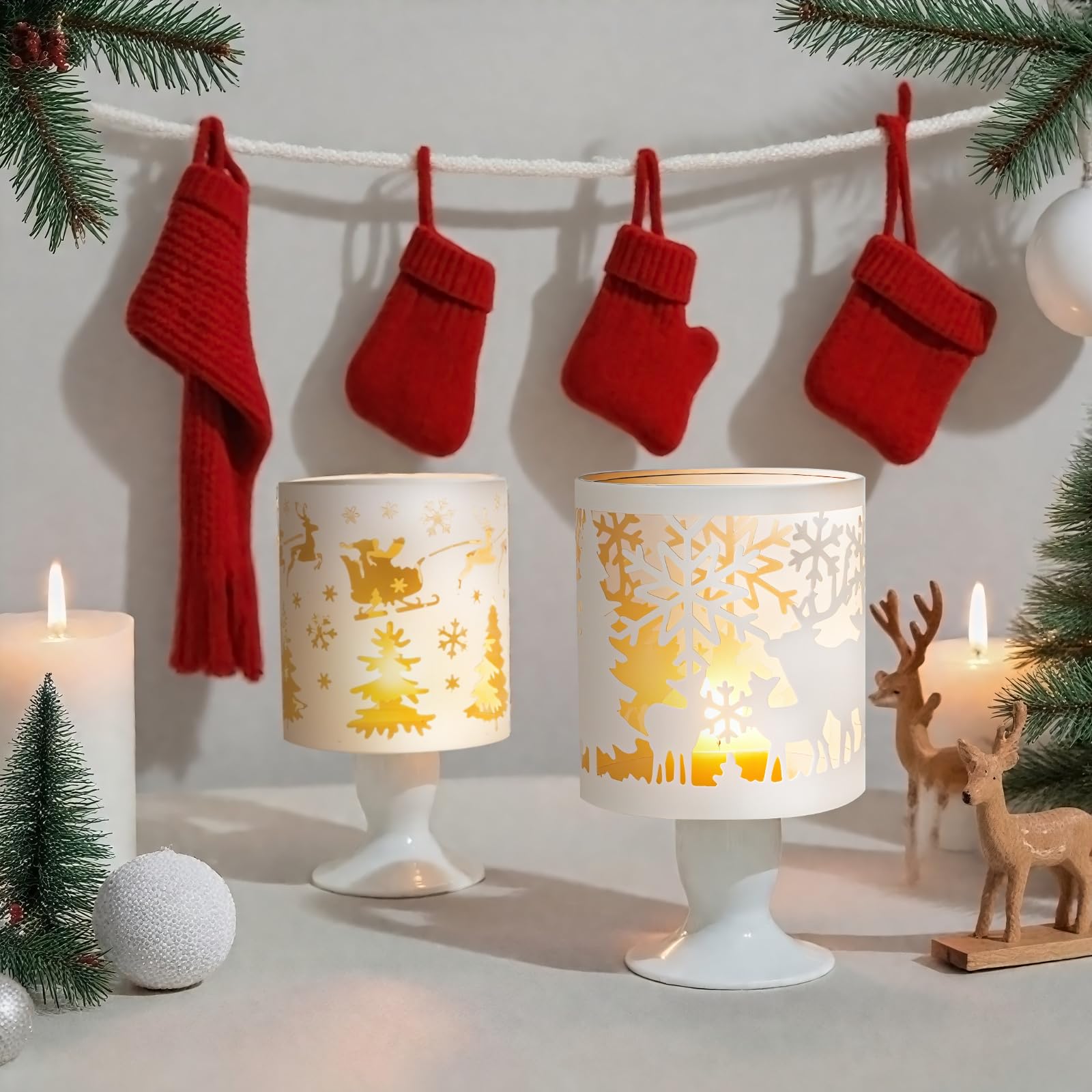 2 biały metalowy świecznik, świecznik bożonarodzeniowy dekoracja, świeczniki dekoracyjne świeczniki, Weihnachtsdeko Tisch Dekoracyjny kominek, Centrum stołu Świeczniki Adventsdeko Innen Boże