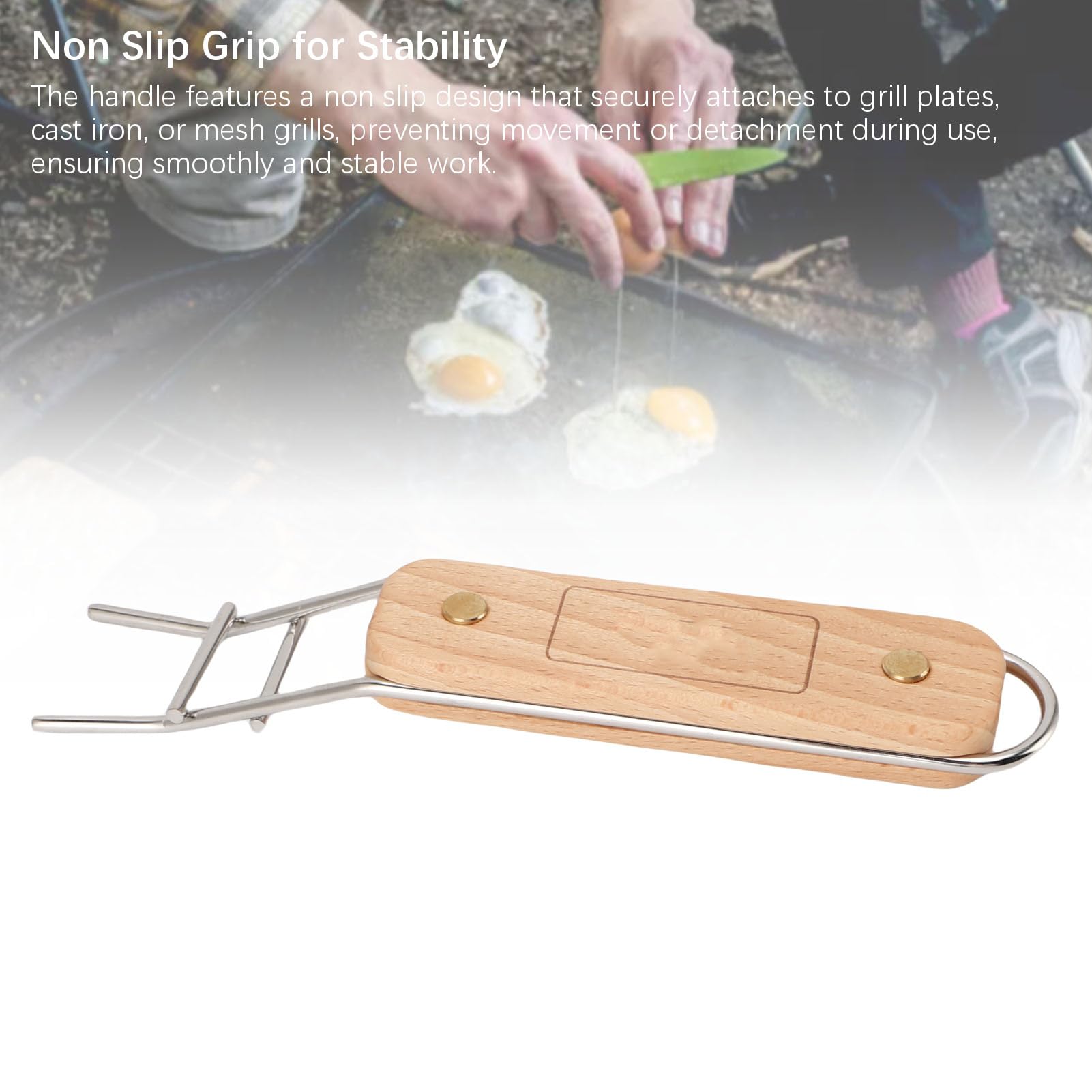 Poignée de Barbecue en Acier Inoxydable avec Lève-grille en Bois, Antidérapante et Multifonctionnelle pour Camping et Cuisson Extérieure