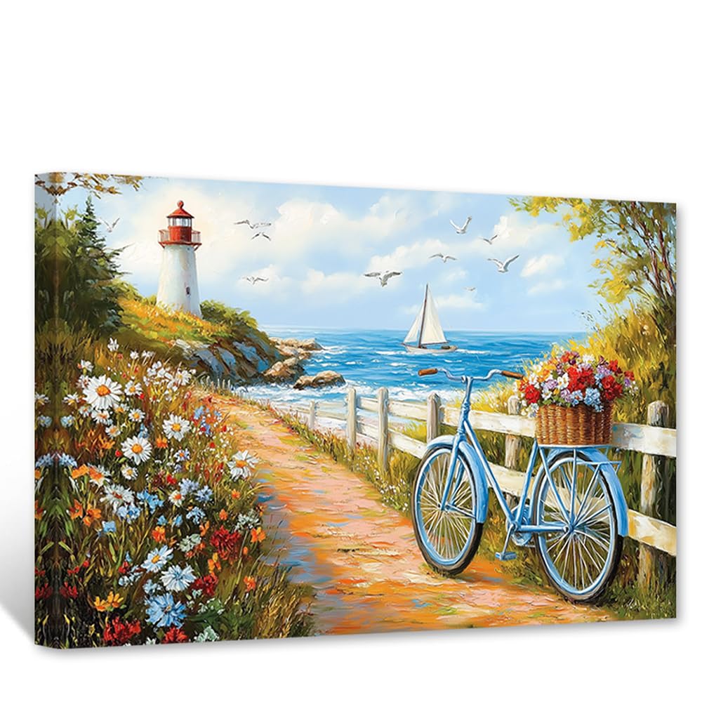 CCWACPP Beach Canvas Wall Art Coastal Bathroom Wall Decor Blue Bicycle Picture Ocean Painting Print Nautical Themed Posters Bathroom Bedroom Decor Framed (30.00 x 45.00 cms)