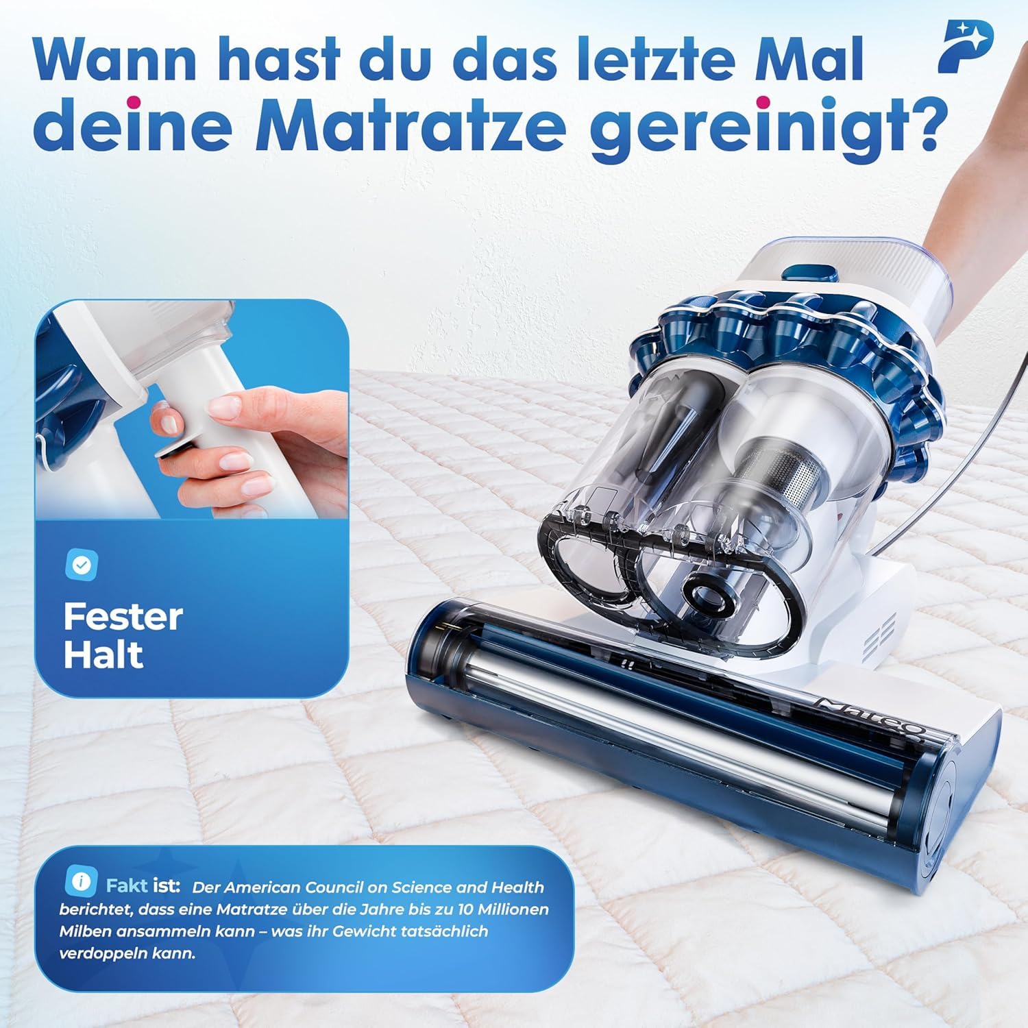 Primavella Milbenstaubsauger für Matratze Bett mit UV-Licht HEPA-Filter Tierhaare