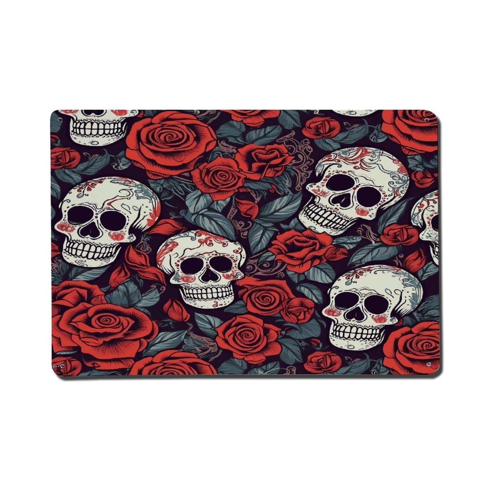 Adfgyerh Style Sugar Skulls And Red Roses Metal Signs Funny, Aluminum Tin Sign Indoor Outdoor Decor, Vintage Signs For Home Office Kitchen Bar Cafe Garden Farmhouse Wall Decor