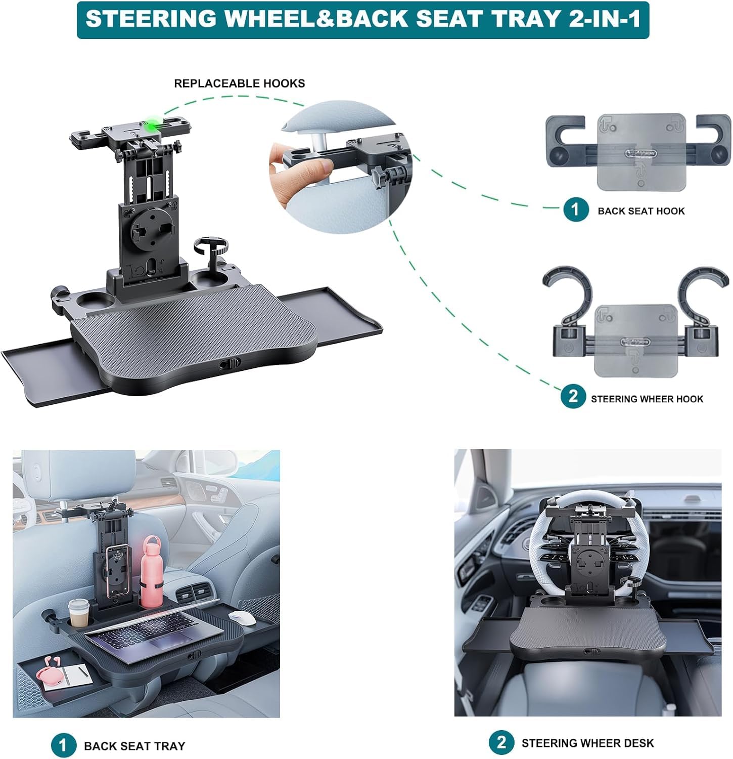 Tavolino da Auto Posteriore Compatibile con per Renault Zoe 2020-2023, Vassoio Pieghevole Sedile Interni Porta e Pranzo Accessori Professionali