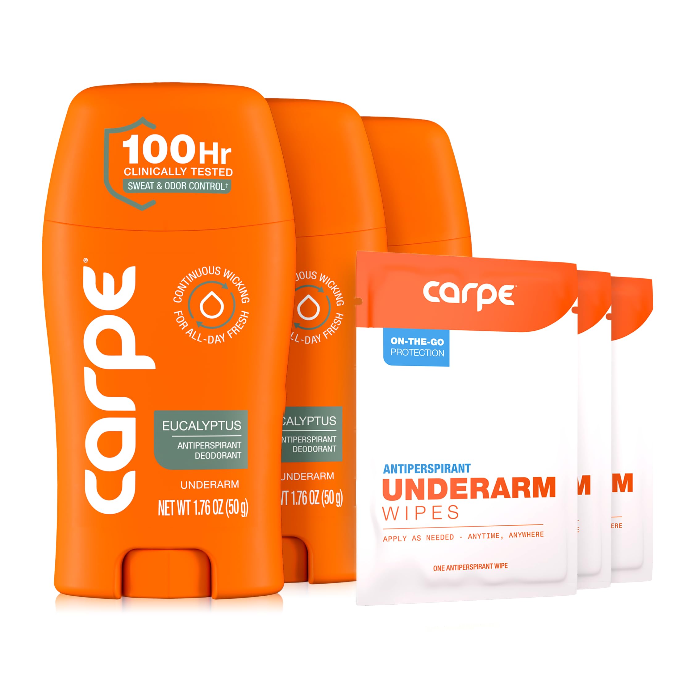 Carpe Underarm Antiperspirant Deodorant for Women and Men - Antiperspirant Deodorant for Stinky, Sweaty Armpits - Eucalyptus - 3 Pack with 3 Bonus Underarm Wipes