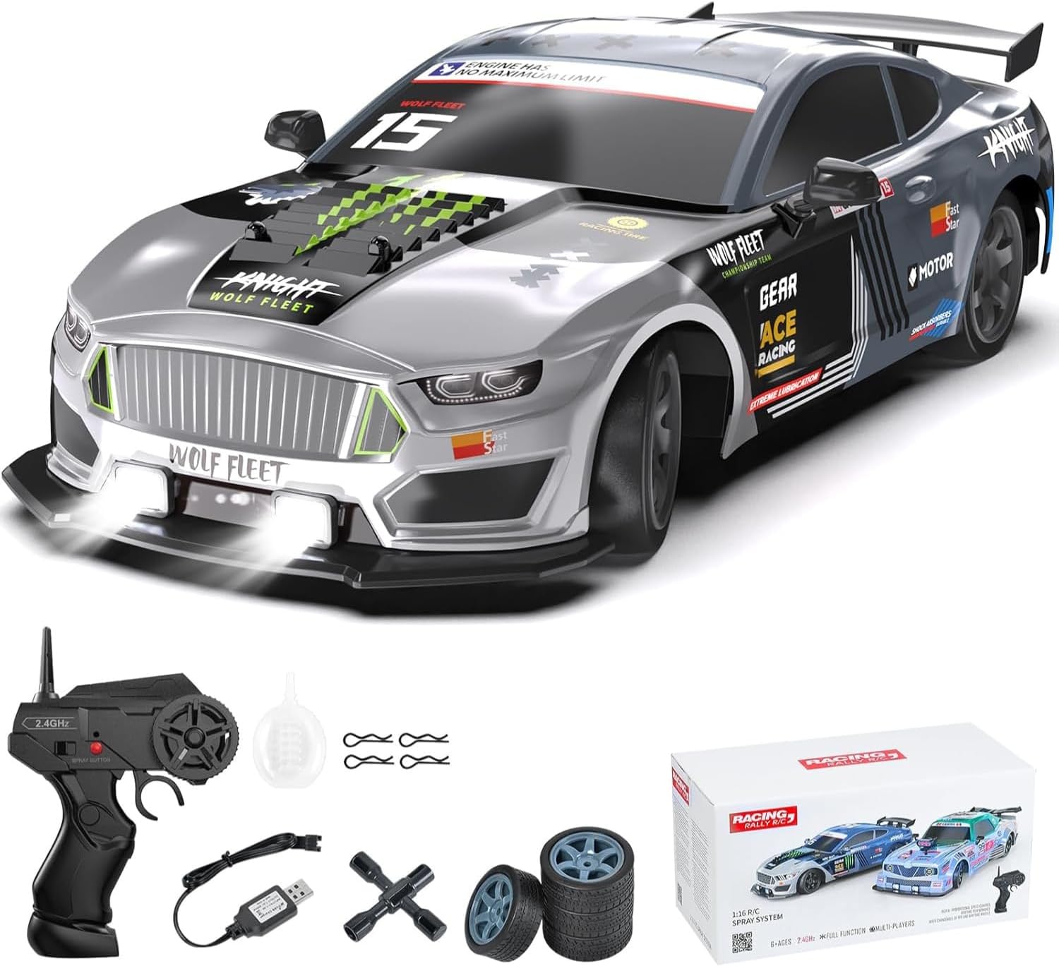 Dollox Remote Control Car 1/16 Scale RC Drift Car 2.4GHz 4WD High Speed 18+KM/H Vehicle with LED Lights and Spray, Extra Drifting Tires Racing Vehicle Toys Birthday Gifts for Adults Boys, 2 Batteries